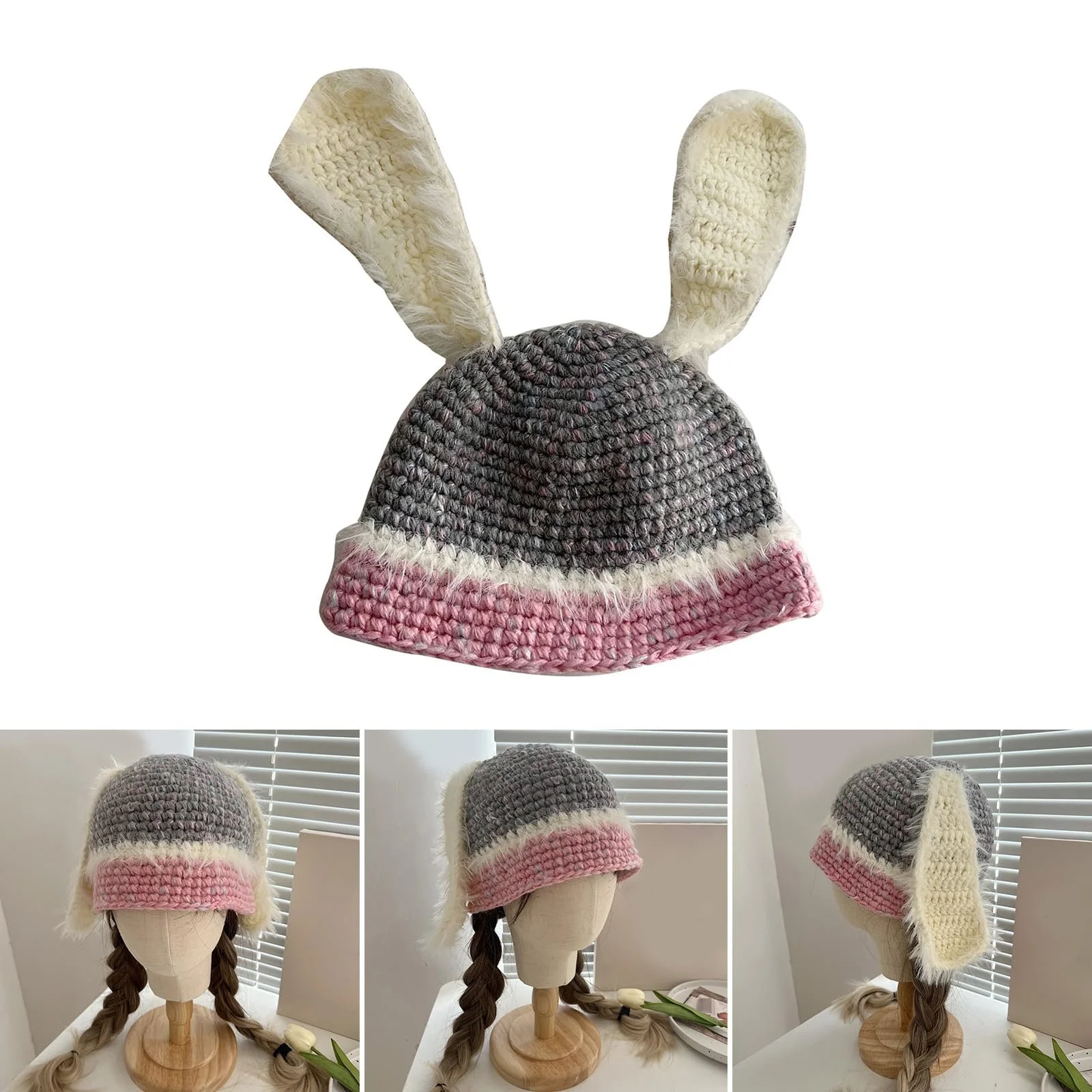 В'язана шапка з кролячими вушками Ldabrye для дівчат, фото №1 В'язана шапка з кролячими вушками Ldabrye для дівчат, фото №1