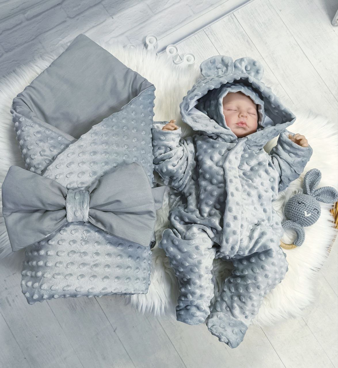 Набор на выписку демисезон, утеплитель извлекается Плюш серый, фото №1