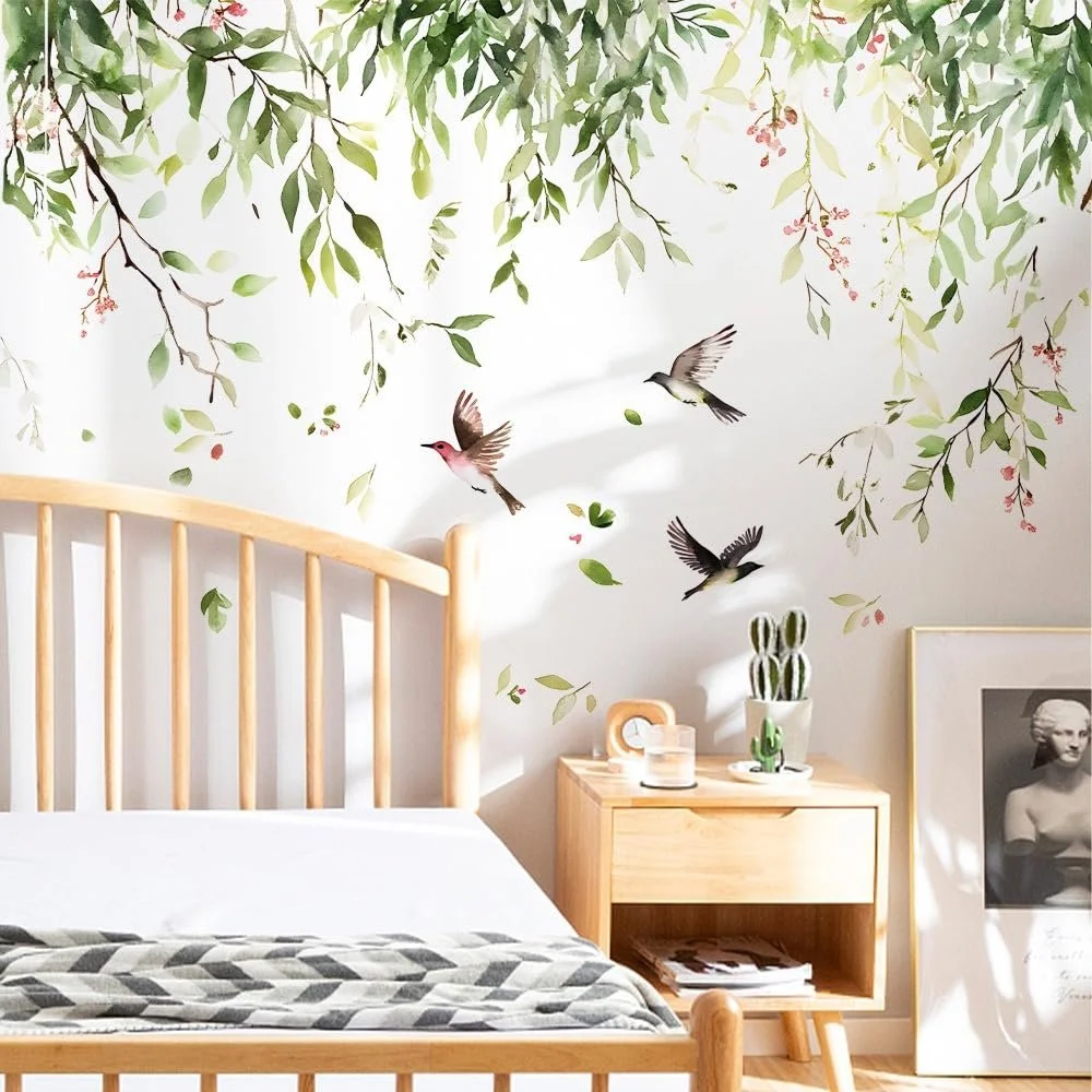 Наклейка на стену Зеленые ветки с птицами и листьями 57 x 38 см Природный дизайн Зеленый, фото №1
