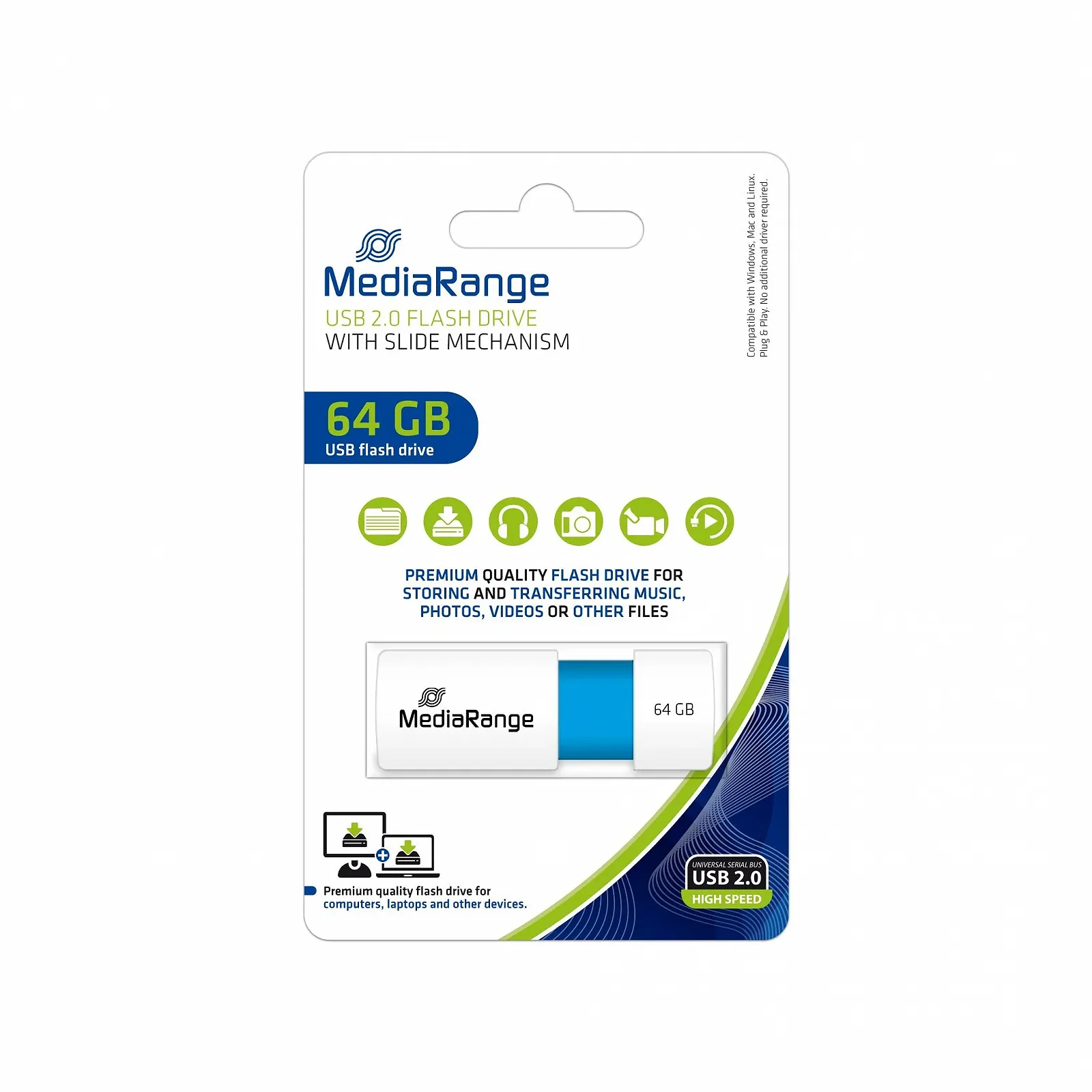 USB-флеш-накопичувач MediaRange Colour Edition 64GB USB 2.0 зі зсувним механізмом до 16МБ/с Light Blue, фото №7 USB-флеш-накопичувач MediaRange Colour Edition 64GB USB 2.0 зі зсувним механізмом до 16МБ/с Light Blue, фото №7