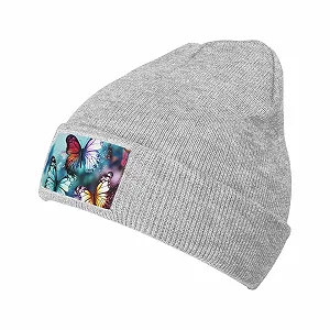 Шапка-біні з барвистими метеликами на синьому фоні для жінок, зимова тепла в'язана - Фото 1