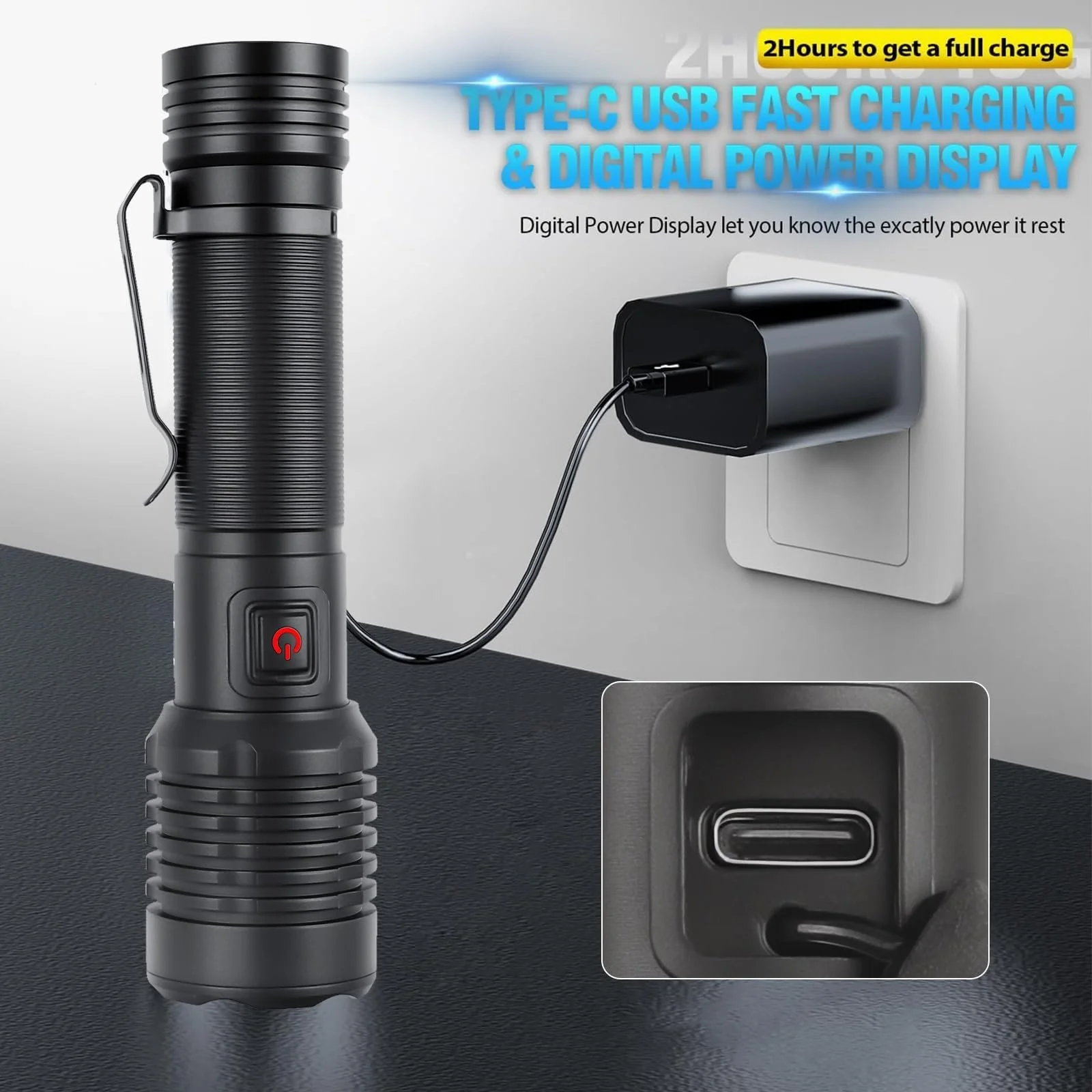 Перезаряджуваний LED ліхтар 2000 люмен тактичний надяскравий з Type-C зарядкою для кемпінгу та походів, фото №6