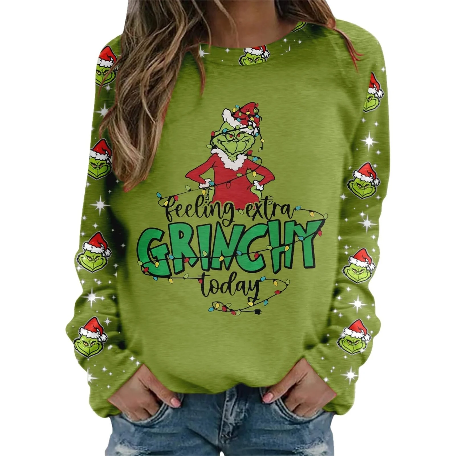 Рождественский джемпер BHXUTK Женская кофта Рождественская уродливая рождественская футболка для женщин Круглый вырез Длинный рукав Футболки Повседневная смешная снежинка с принтом Свободные свитшоты, фото №1