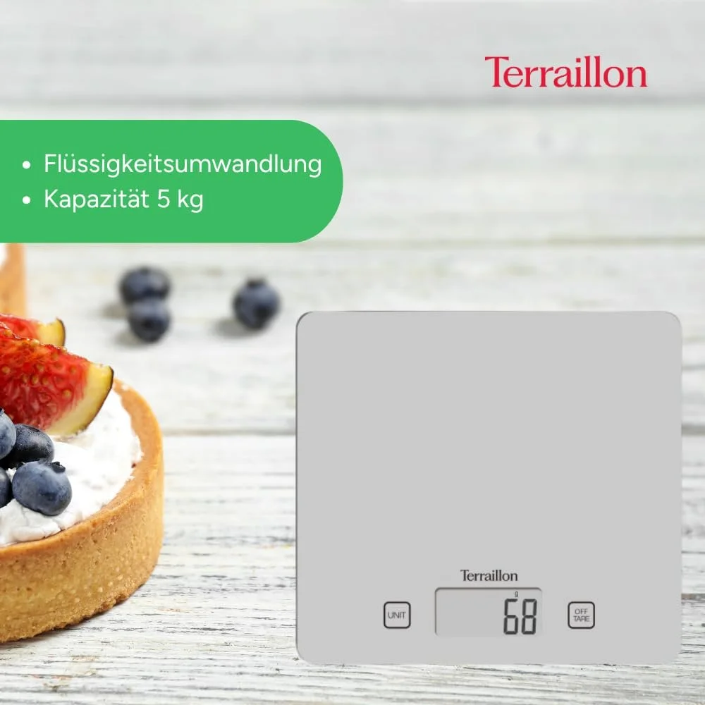 Кухонні ваги Terraillon T1040 цифрові, велика скляна платформа, функція тари, до 5 кг, фото №4 Кухонні ваги Terraillon T1040 цифрові, велика скляна платформа, функція тари, до 5 кг, фото №4
