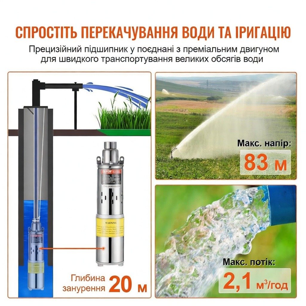 Глибинний водяний насос VEVOR 24В 227Вт Срібний, фото №5 Глибинний водяний насос VEVOR 24В 227Вт Срібний, фото №5