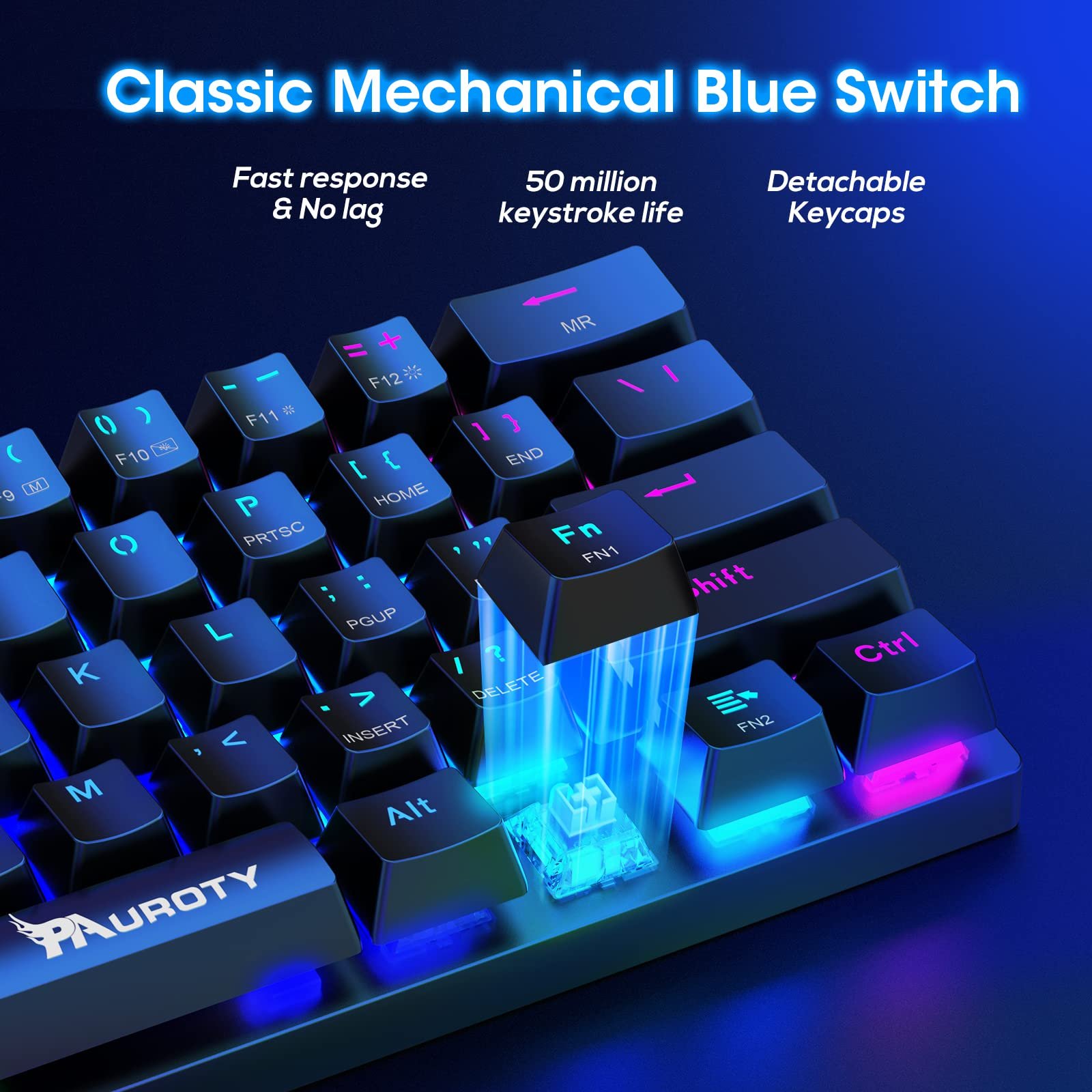 Бездротова механічна клавіатура Pauroty 60% 61-Key Triple Mode 2.4G/USB C/Bluetooth RGB Clicky Blue Switch, фото №4