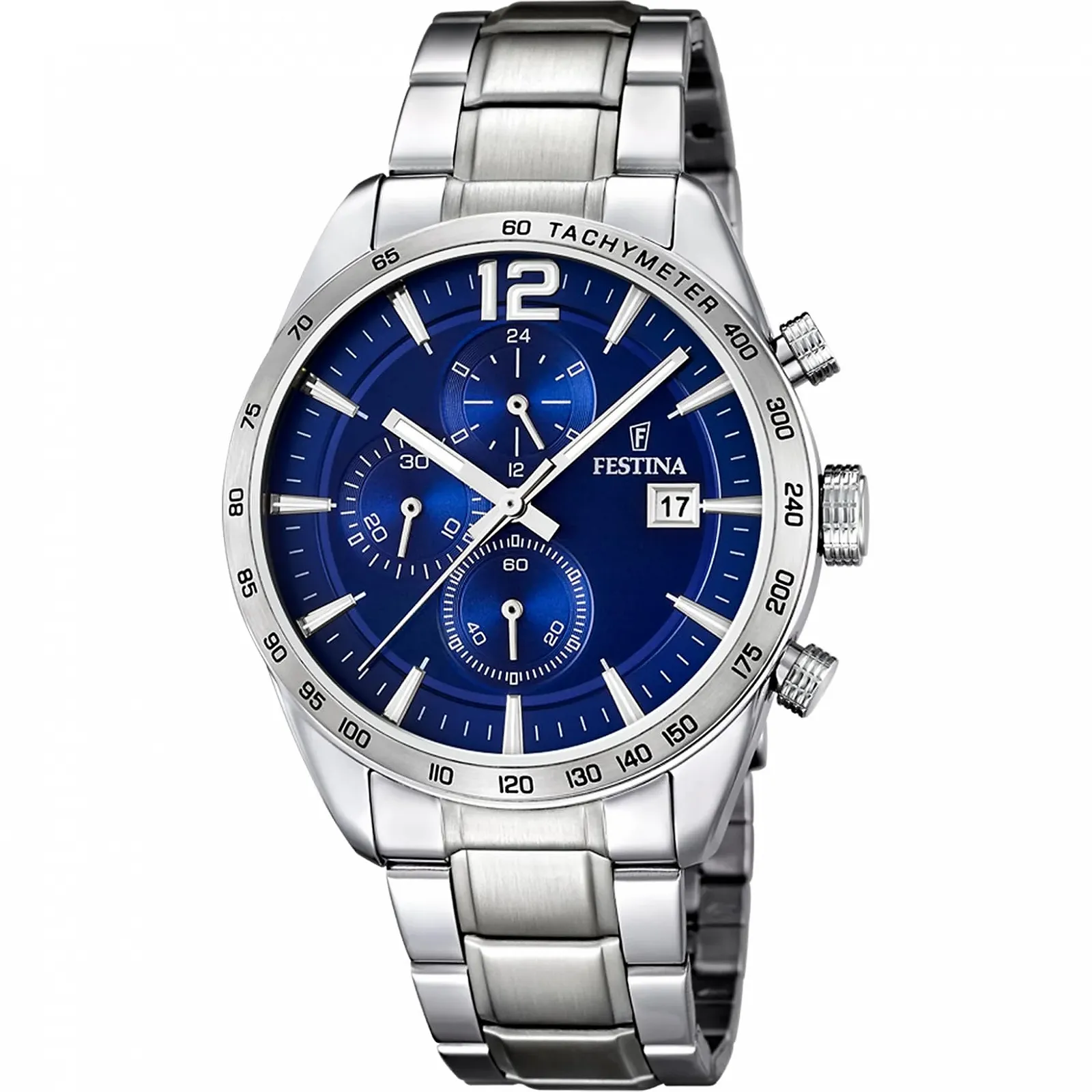 Часы мужские Festina Timeless Chronograph F16759/3, серебристый корпус из нержавеющей стали, серебристый браслет из нержавеющей стали, серебристо-синий, браслет, фото №1