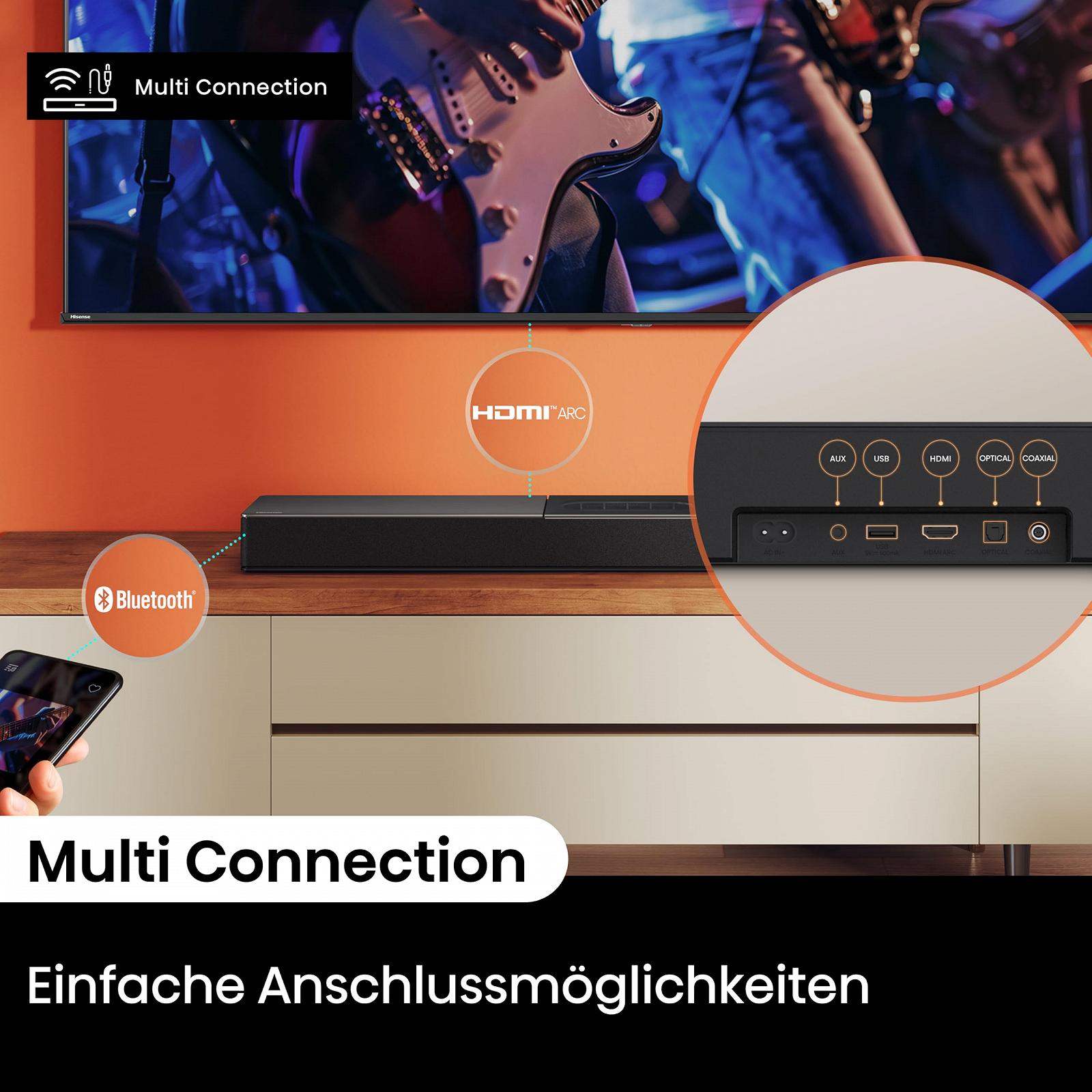 Саундбар Hisense HS2000 2.1 Канала с интегрированным сабвуфером, 240 Вт, Dolby Audio, Bluetooth, HDMI ARC/Optical/AUX/USB, Черный, фото №5 Саундбар Hisense HS2000 2.1 Канала с интегрированным сабвуфером, 240 Вт, Dolby Audio, Bluetooth, HDMI ARC/Optical/AUX/USB, Черный, фото №5