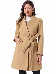 Пальто Allegra K Елегантне Стійка комір Вінтаж Ремінь Довге Зимове - Фото 1