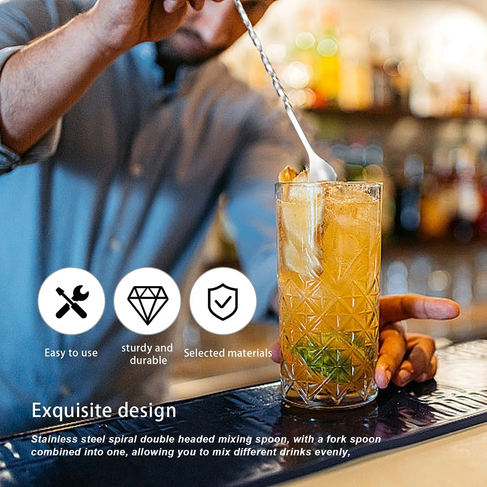 Мадлер для коктейлів PARFCO, нержавіюча сталь, 22.6 см, з двосторонньою ложкою для змішування, сріблястий, фото №4