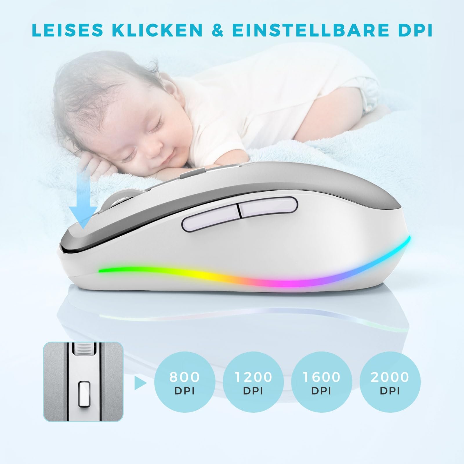 Мышь беспроводная Seenda, LED, перезаряжаемая, с Mouse Jiggler, тихая, 2.4G USB, 2000 DPI, белая, фото №4