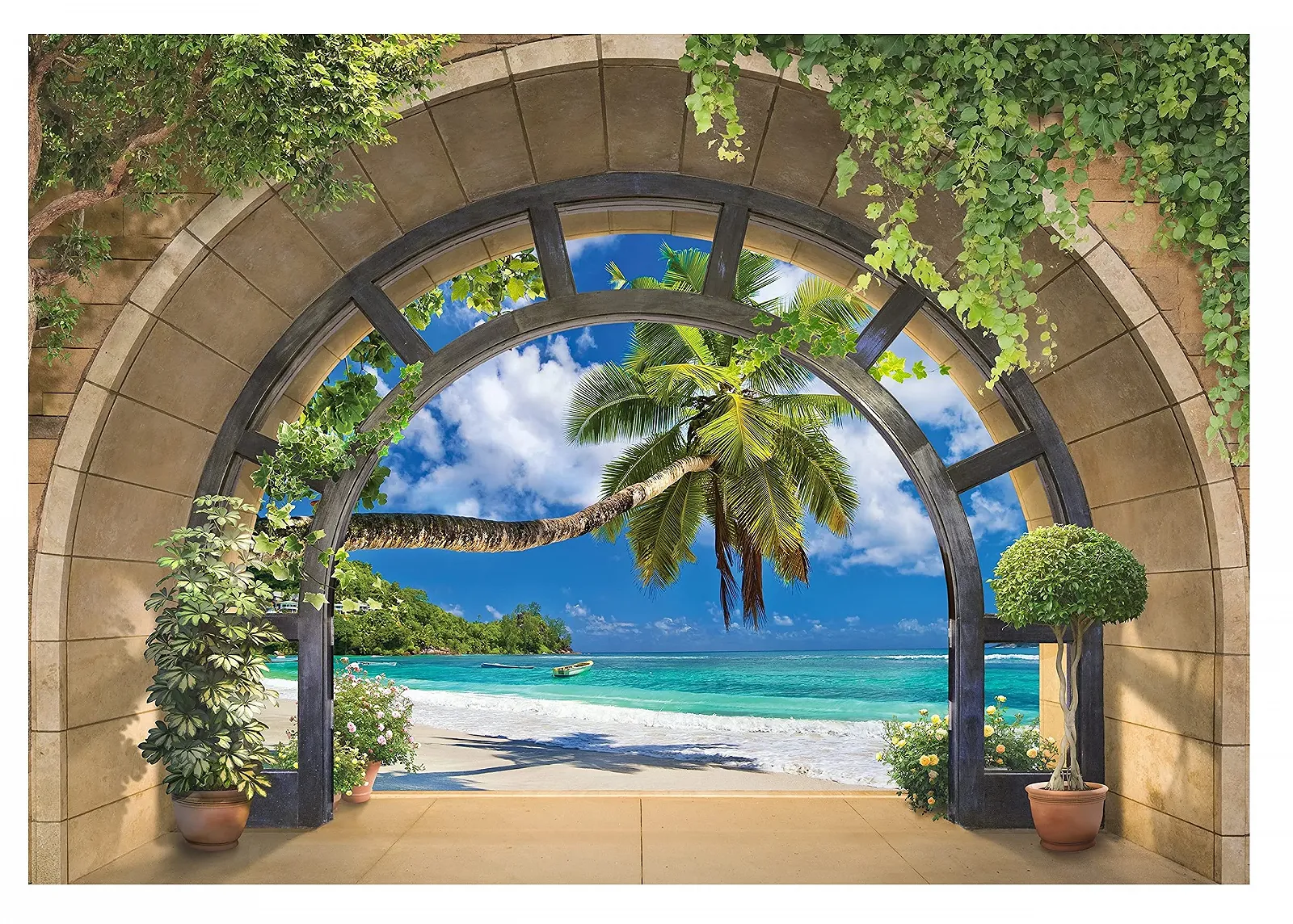 Фотошпалери 11554 VEXXL 3D Вікно Пляж Море Пальми 312 x 219 см 3 Панелі Флізелінові, фото №1