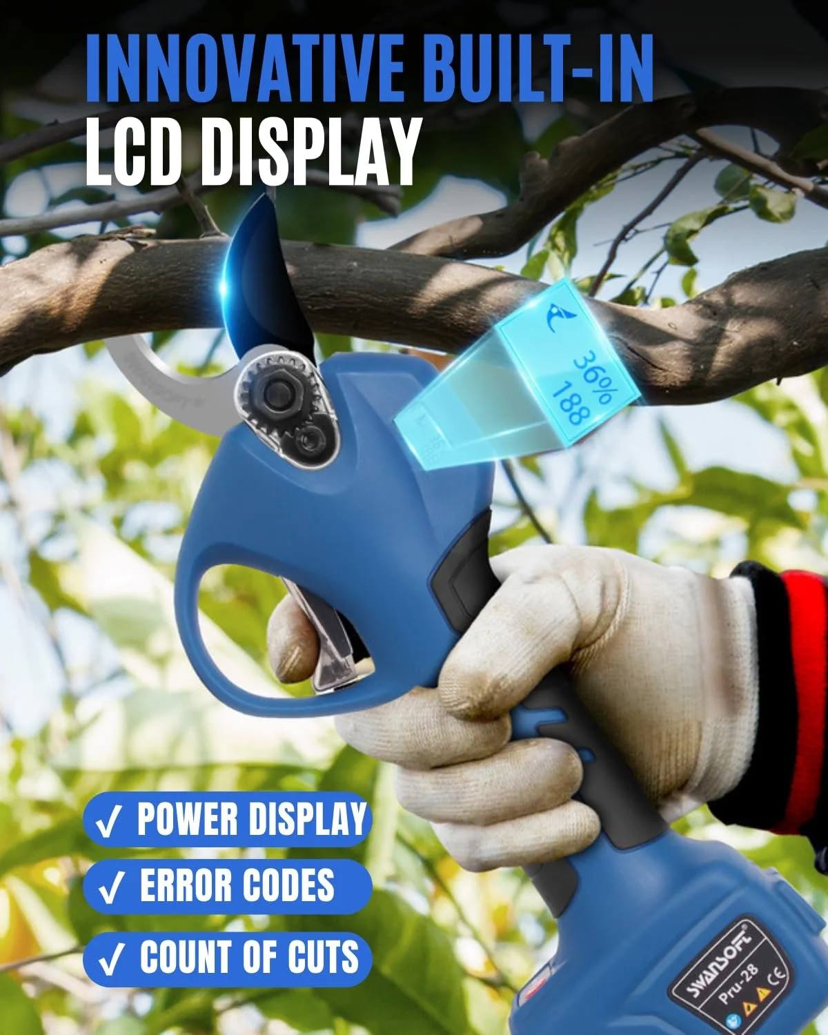 Секатор акумуляторний SWANSOFT PRU28, 28 мм, 16.8 В, 2 + 2 Аг, фото №6