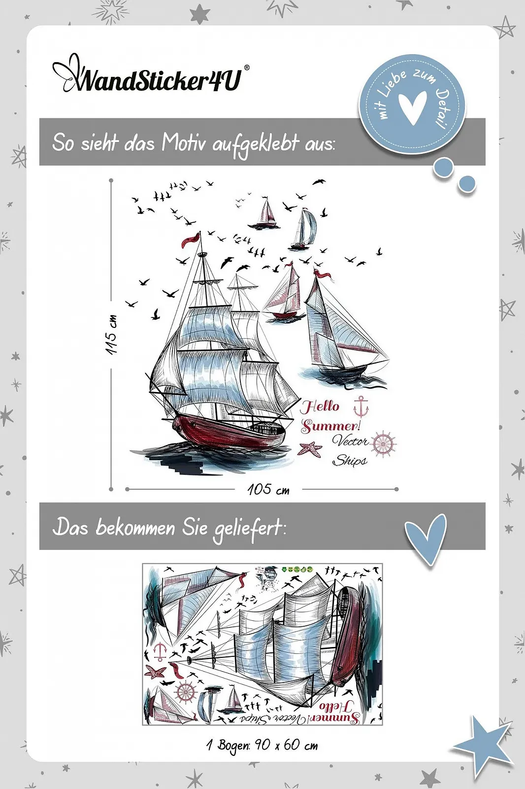 Наклейка на стіну WandSticker4U XXL Вітрильні кораблі 105 x 115 см Морська тематика Якір, фото №7