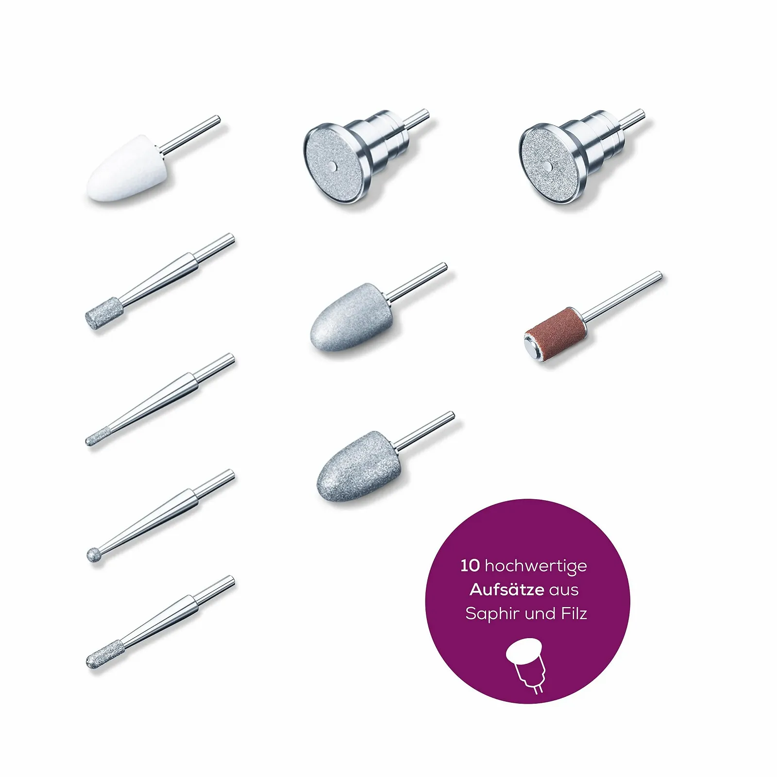 Электрический набор для маникюра/педикюра Beurer MP 100 Professional, 10 сапфировых и войлочных насадок, защитный колпачок от пыли, 20 000 об/мин, фото №4 Электрический набор для маникюра/педикюра Beurer MP 100 Professional, 10 сапфировых и войлочных насадок, защитный колпачок от пыли, 20 000 об/мин, фото №4