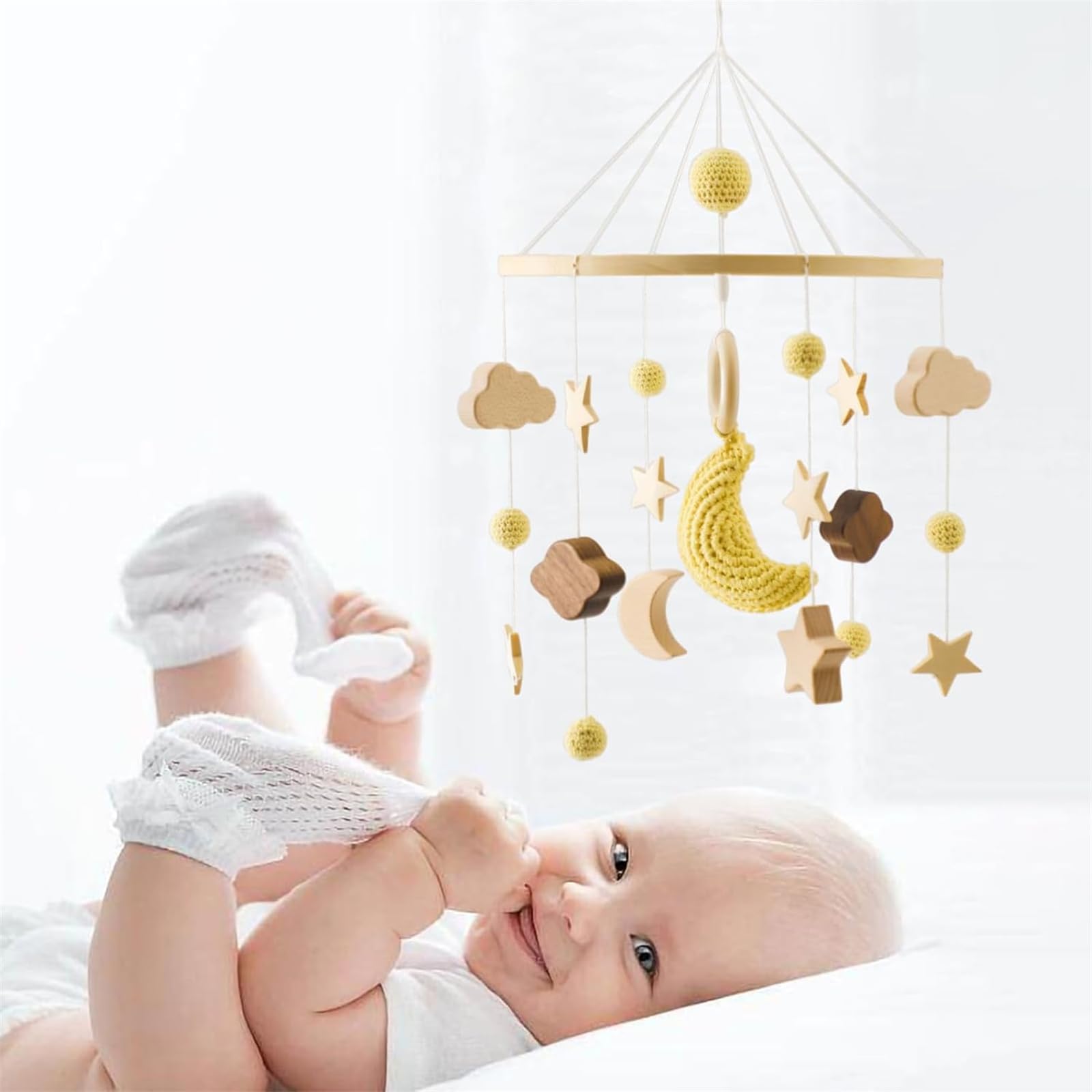 Мобильные подвески Baby Wind Chimes Bed Bell, вращающаяся мобилка, вязаная мобилка, успокаивающая игрушка для сна, деревянная подвеска для девочек и мальчиков (ракеты), фото №3