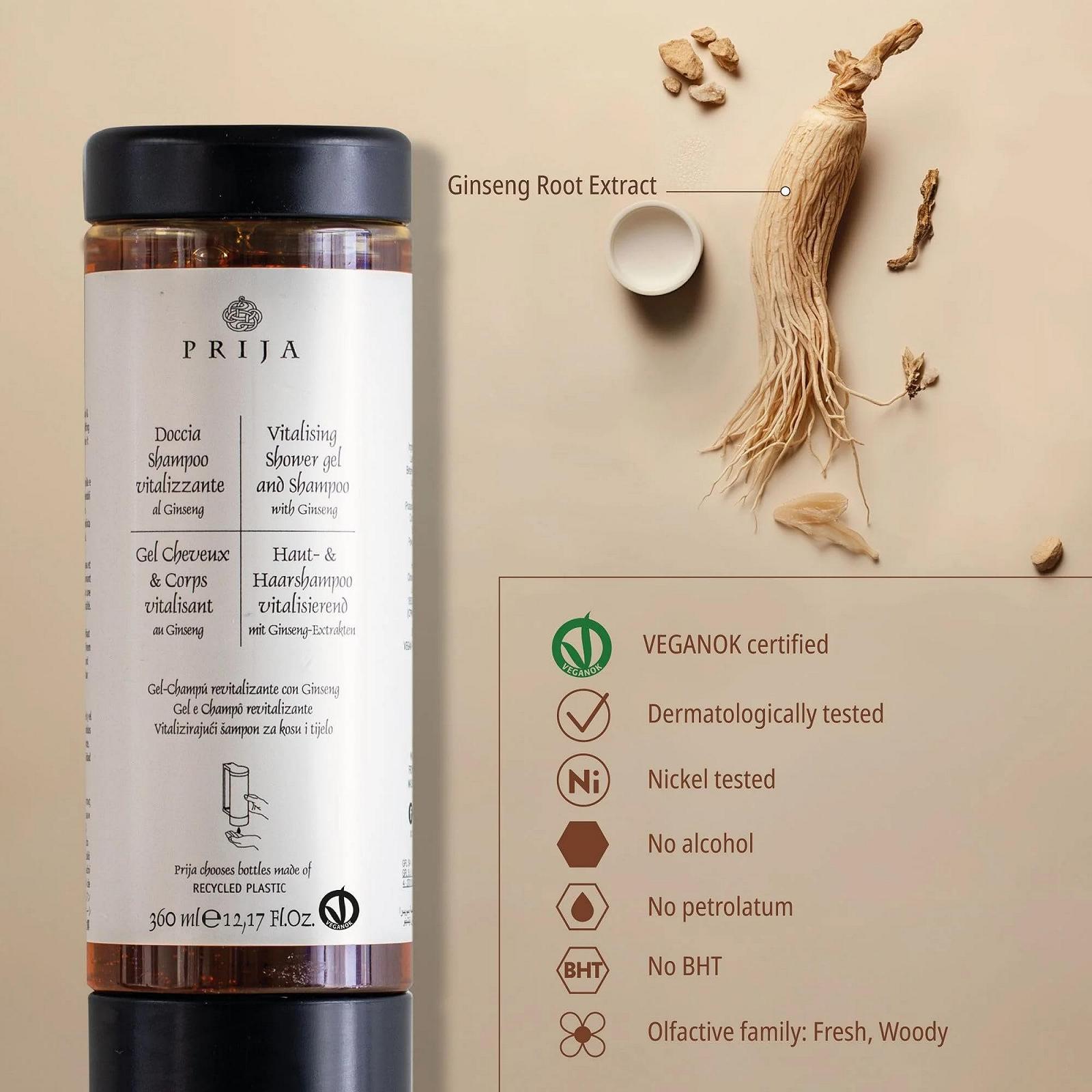 Гель для душу та шампунь Prija Skin & Hair Shampoo Revitalising з женьшенем 360 мл (набір із 18 шт.), фото №2 Гель для душу та шампунь Prija Skin & Hair Shampoo Revitalising з женьшенем 360 мл (набір із 18 шт.), фото №2