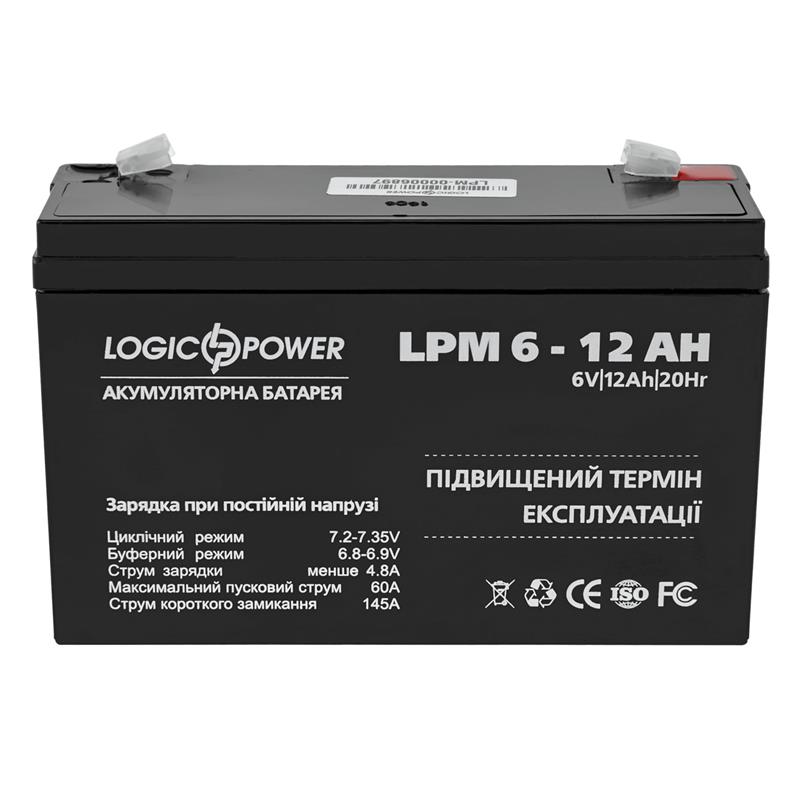 Акумуляторна батарея LogicPower LPM 6V 12AH 6 12AH AGM, фото №1