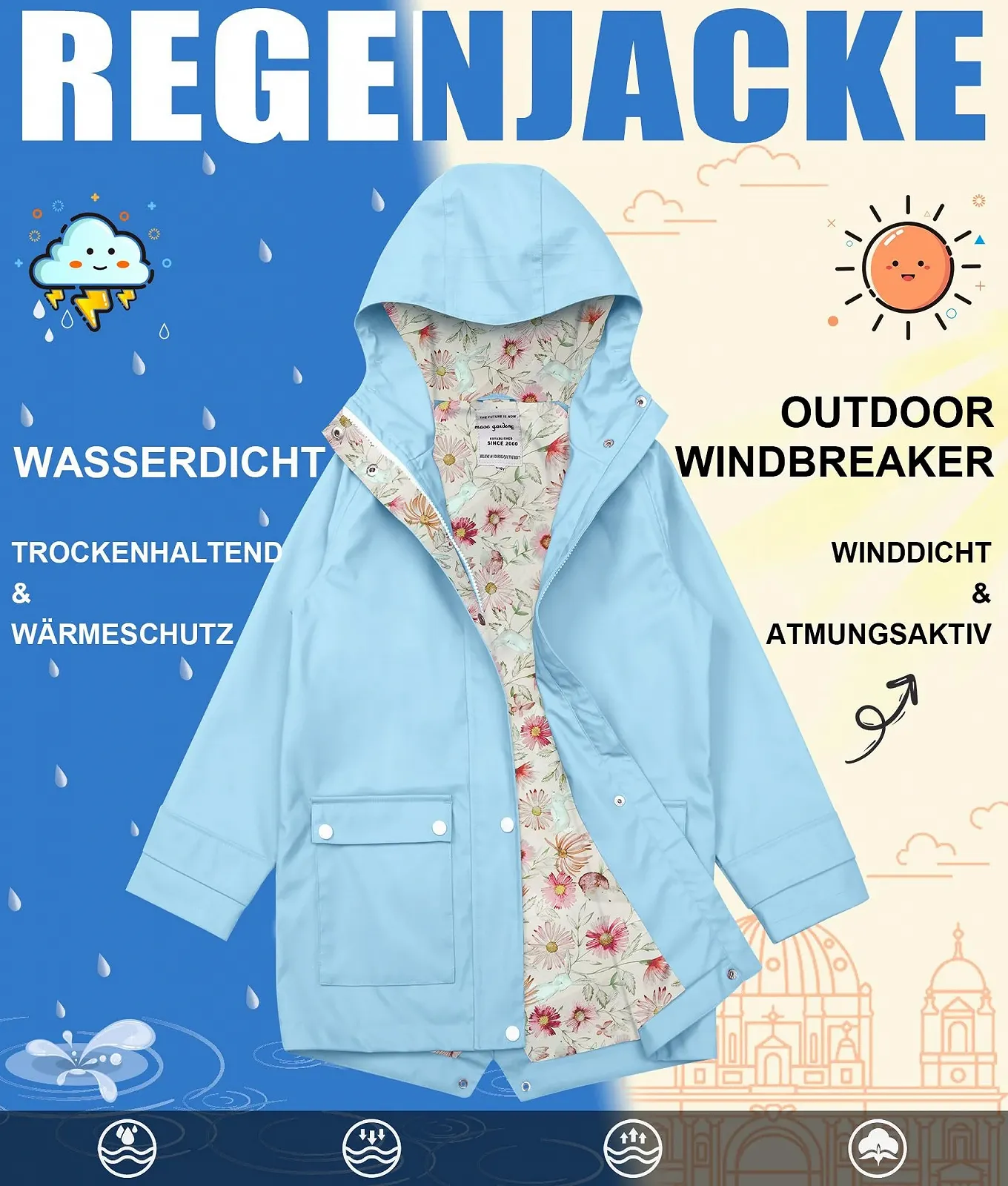 Детская дождевая куртка для девочек MAOO garden, водонепроницаемая, легкая, с цветочной подкладкой, весенняя ветровка, фото №4