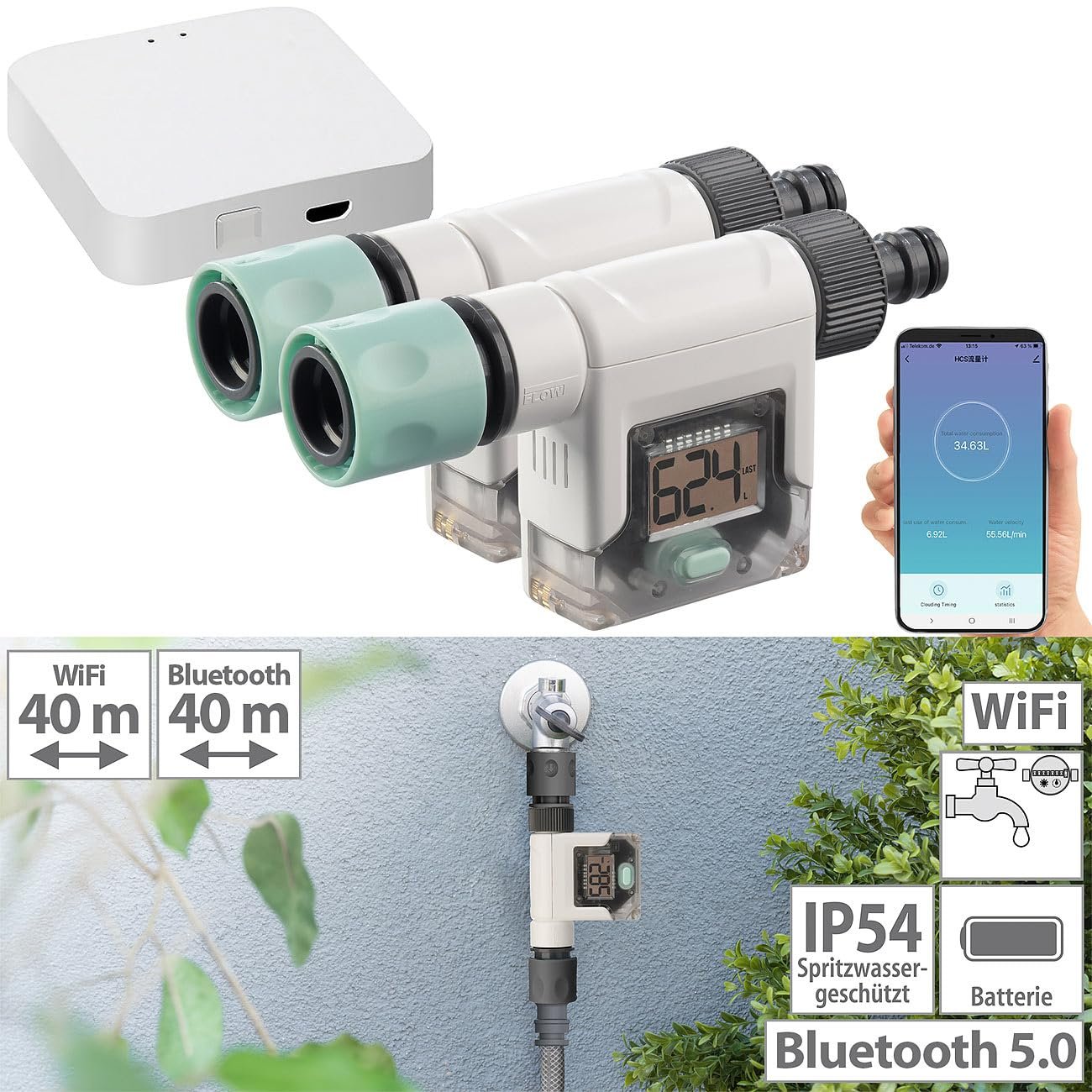 Набор счетчиков воды Royal Gardineer WiFi Gateway Bluetooth 2 шт. цифровых с приложением, фото №3
