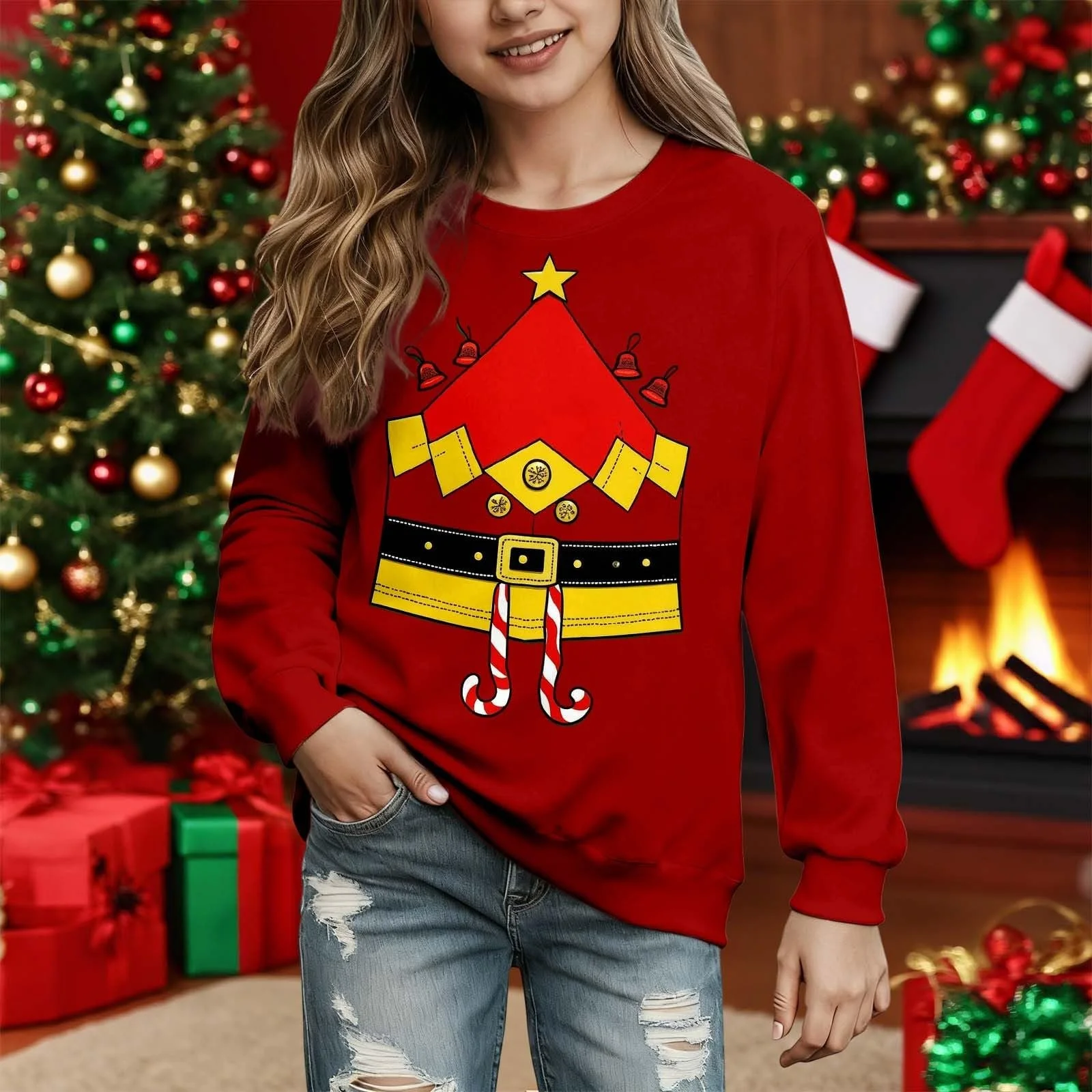 Світшот Різдвяний для дівчаток, з довгими рукавами, мультяшним принтом і круглим вирізом, фото №3