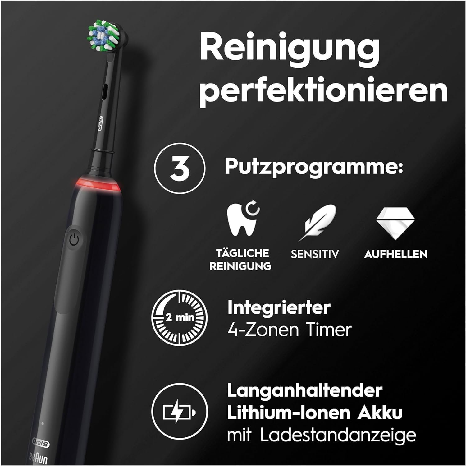 Електрична зубна щітка Oral-B Pro 3 3900, подвійна упаковка, три режими чищення, контроль тиску 360°, чорний, рожевий, фото №5
