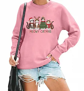 Рождественский свитшот Meowy Рождественский свитер Meowy Рождественская футболка Милые рождественские коты Графический свитшот с круглым вырезом - Фото 1