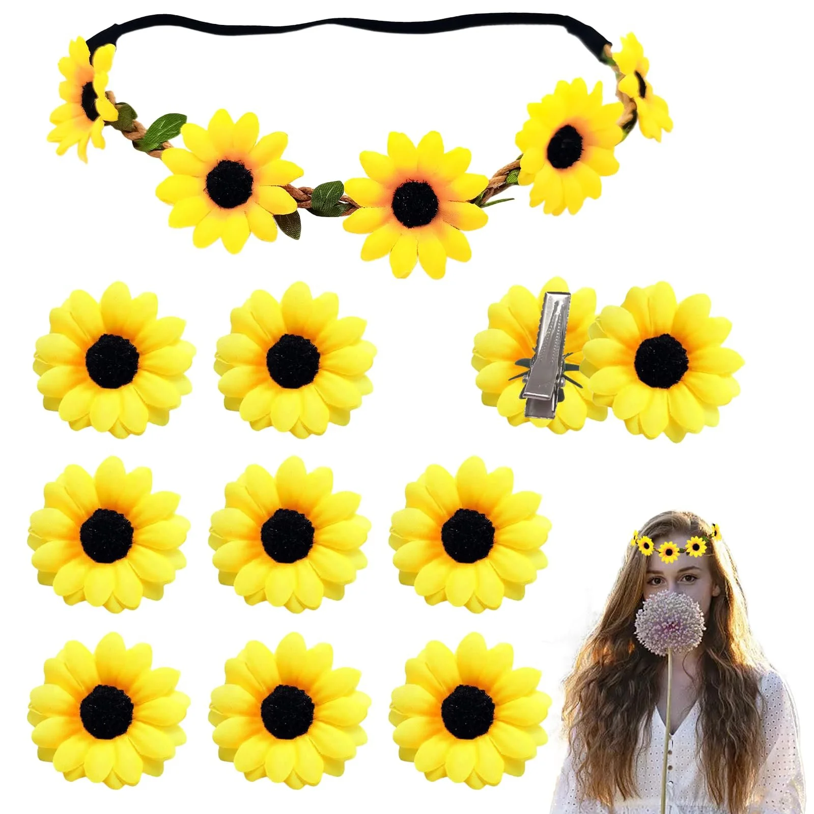 Вінок Квітковий З соняшниками та кліпсами ромашками Жовтий, фото №1 Вінок Квітковий З соняшниками та кліпсами ромашками Жовтий, фото №1