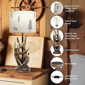 Настільна лампа зі смоли в рустикальному стилі тканинний абажур з мотивом оленя та дерева основа у вигляді рогів коричнева бежева synthetic.ua - Фото 1