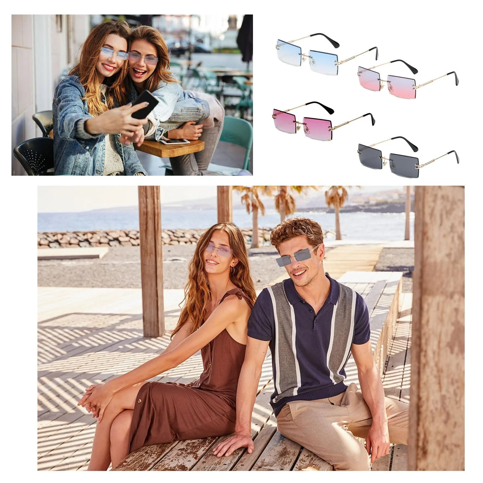 Сонцезахисні Окуляри Прямокутні Без Оправи EUPSIIU Модні Квадратні Градієнтні Вінтажні Прозорі Лінзи 4 Пари, фото №3