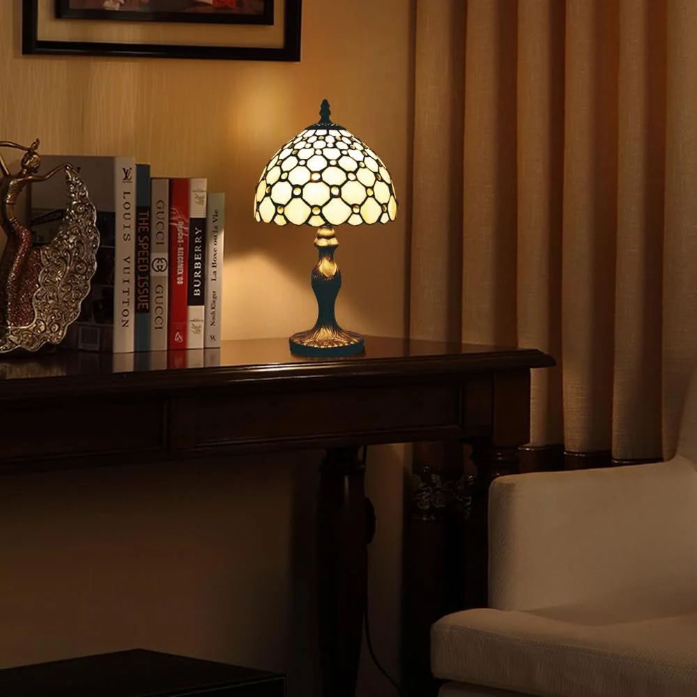 Настільна лампа Kinbolas Tiffany Style Мала Вінтажна Бежеве вітражне скло 20 см / 8 дюймів LED E14, фото №5