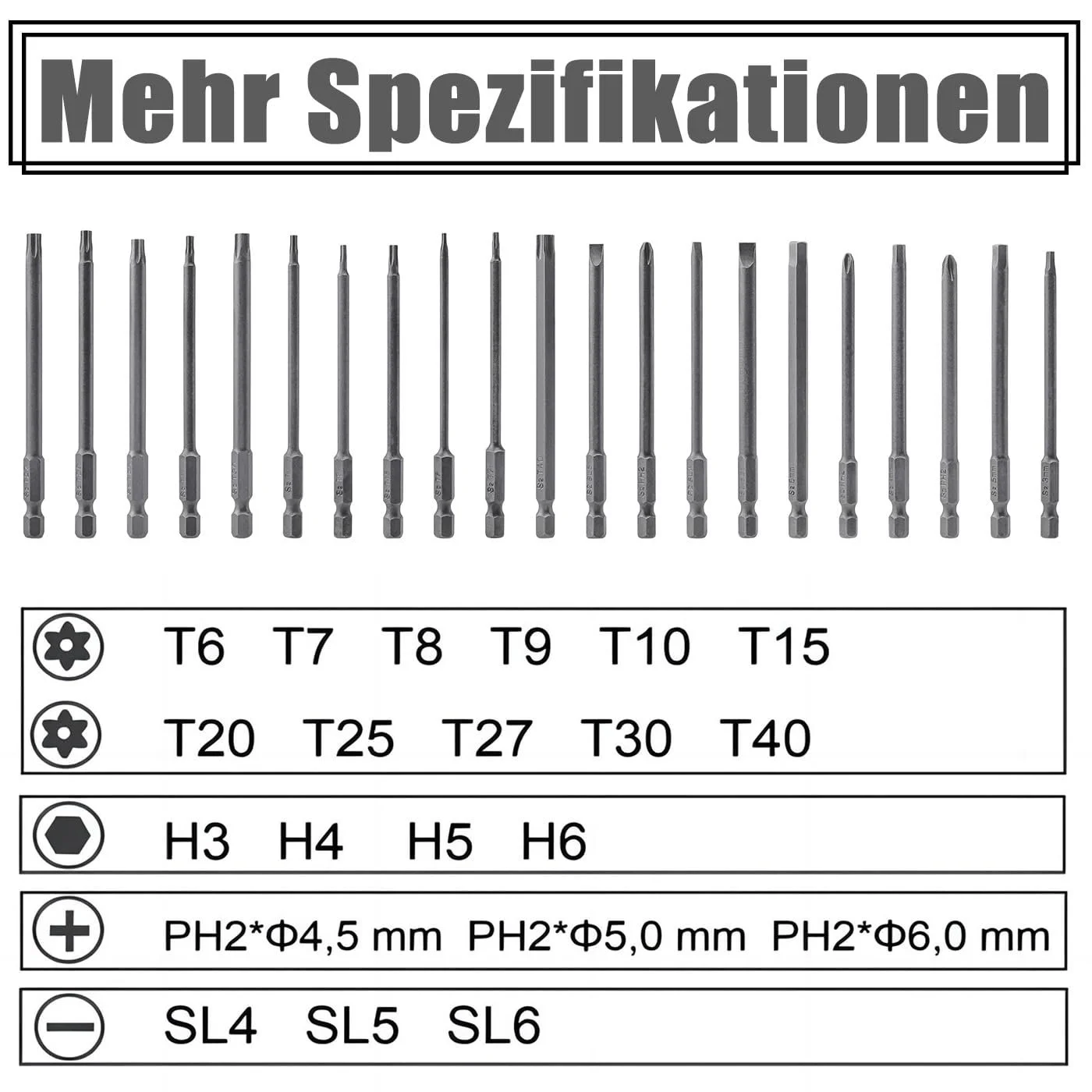 Набір викруткових біт Treki 21 шт 100 мм довгі Torx з отвором 6.35 мм шестигранник, фото №3