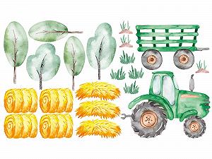 Наклейка на стіну GRAZDesign Трактор зелений з фермерськими деревами та соломою 100 x 57 см synthetic.ua - Фото 1