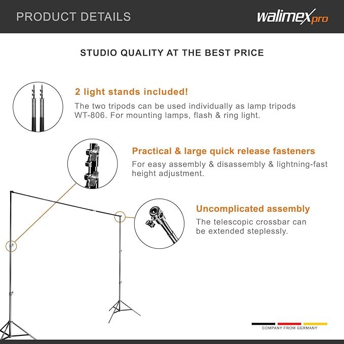 Система установки фону Walimex Pro 120-307 см / Висота 256 см / Телескопічна перекладина / Чорний, фото №4