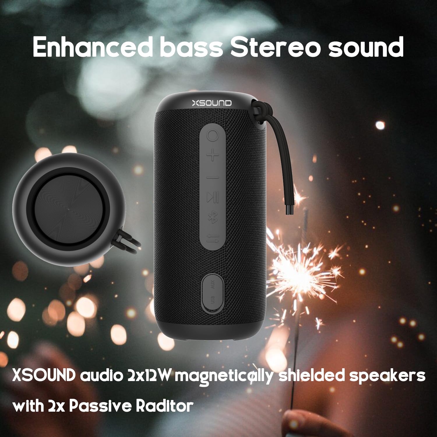 Колонка Bluetooth XSOUND FunPlay 24W Бездротова Додатковий Бас 24ч Батарея IPX7 Водостійкий Матово-чорний, фото №2
