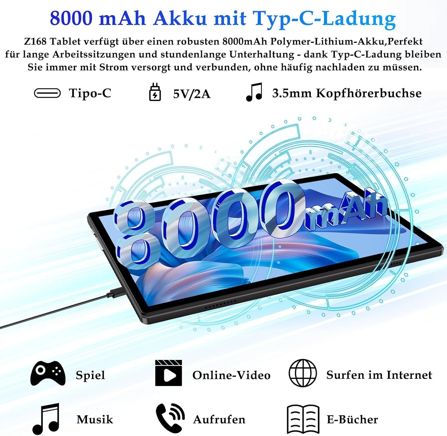 Планшет 10" ZLOVO Z168 6+16/128Gb 8 ядер Android 14 8000 mAh Черный, фото №4