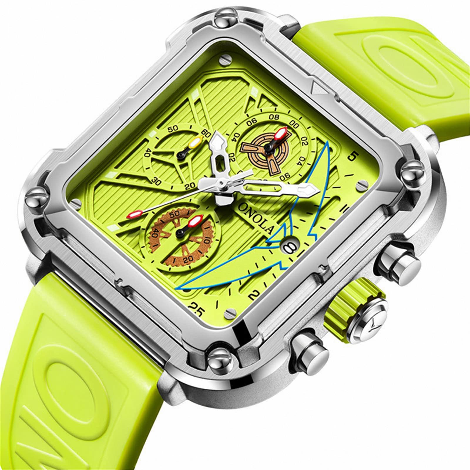Годинник FORSINING Men's Fashion Square Large Dial Sports Chronograph Analog Qaurtz Чоловічий Наручний Годинник Бізнес Силіконовий Ремінець Зелений, фото №3