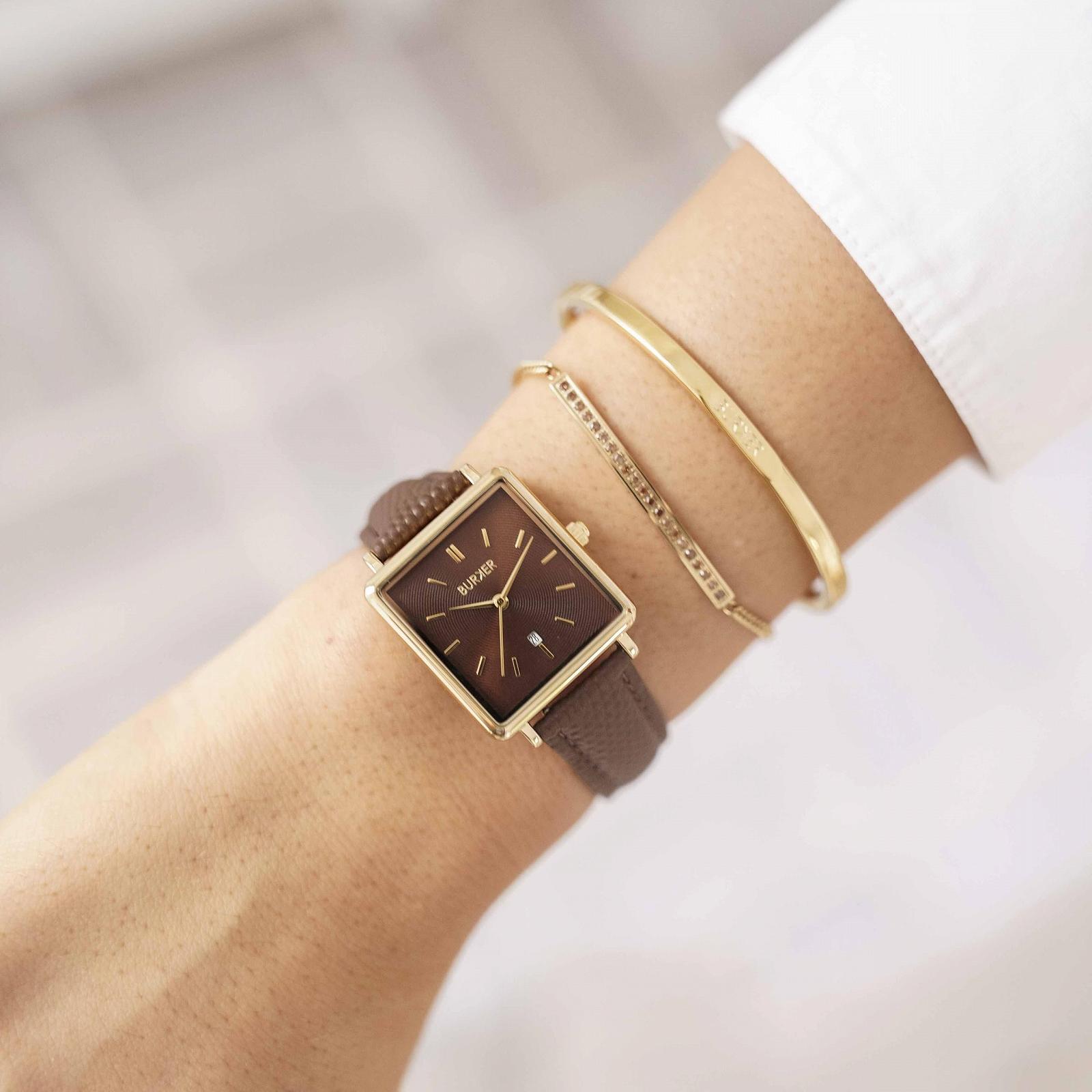 Женские часы BURKER Daisy Квадратные Аналоговые Кварцевые 28 мм Золотой Коричневый/Коричневая кожа, фото №2
