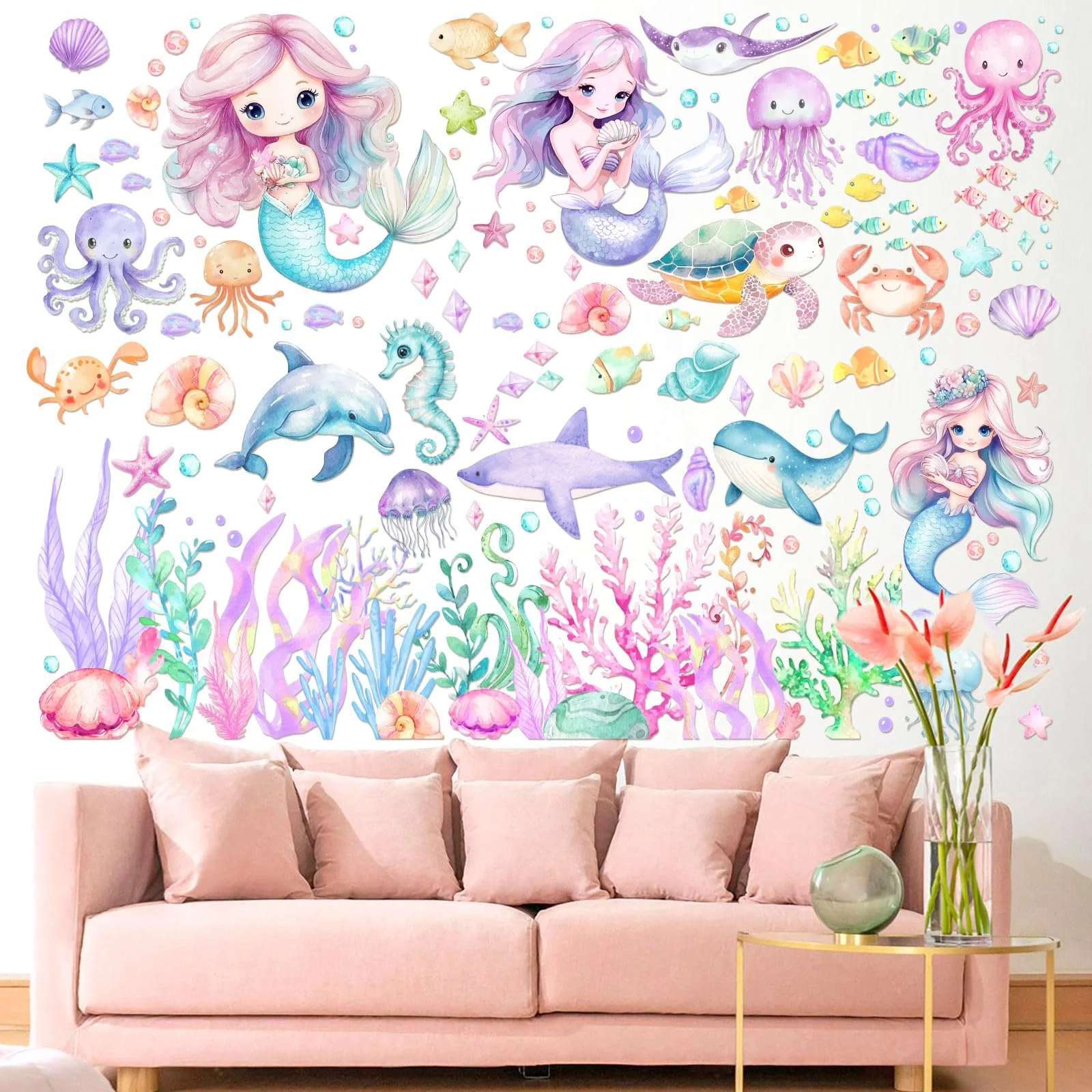 Наклейки на стіну Kreatwow Русалка та морські тварини Набір 2 шт., фото №1