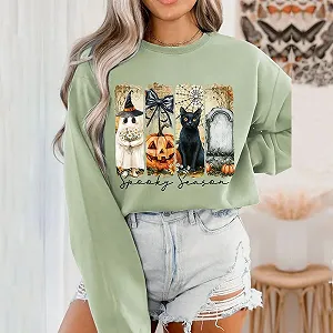 Женский свитшот MLZHAN Halloween Spooky Season, смешной принт с привидениями кошек и тыкв, рубашки с длинными рукавами, осенний модный пуловер, топы synthetic.ua - Фото 1