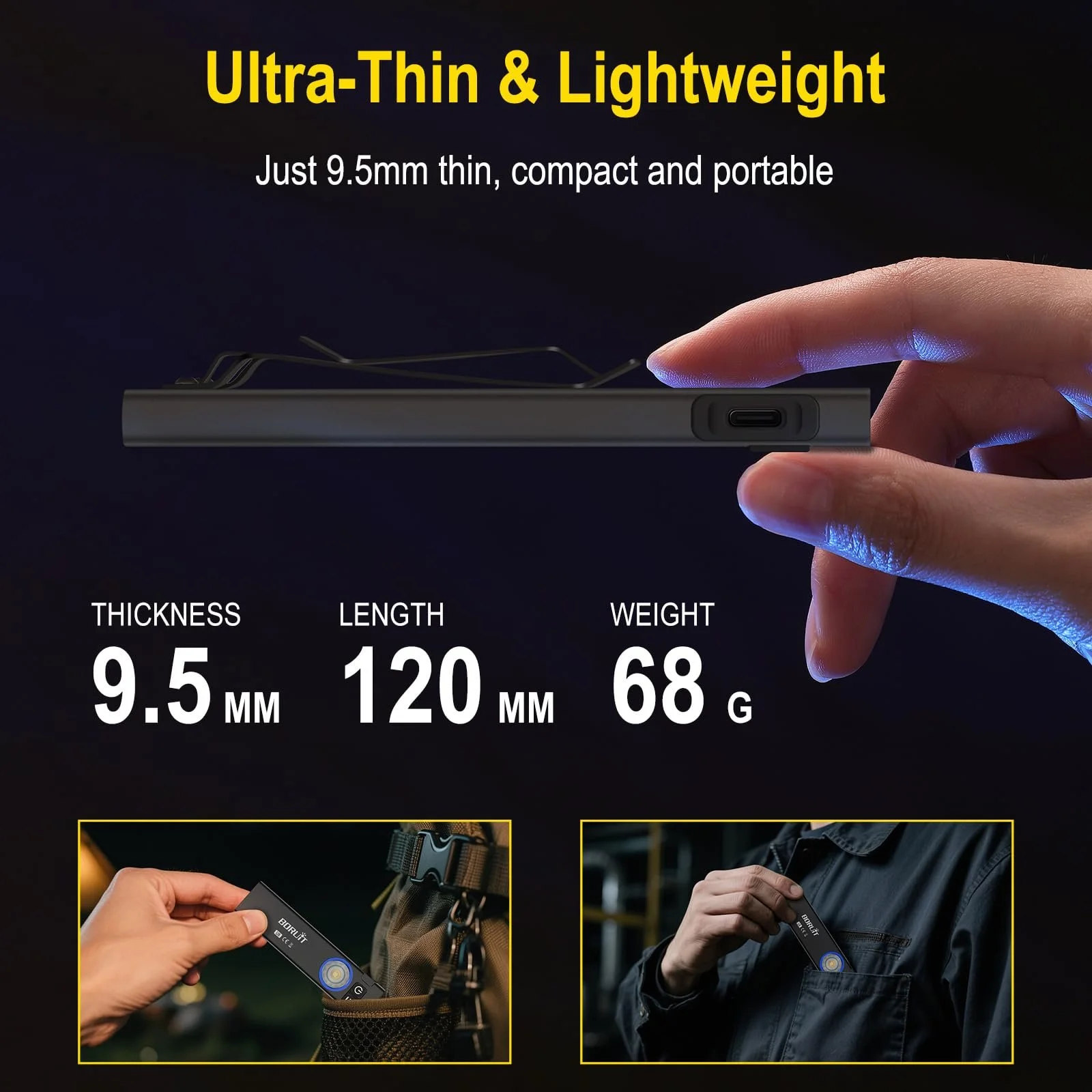 Ліхтар EDC BORUIT U8 LED Flat, 650 люмен, USB-C акумуляторний, з білим, жовтим та RGB світлом, IP67 водонепроникний, магнітна основа та кліпса, фото №5