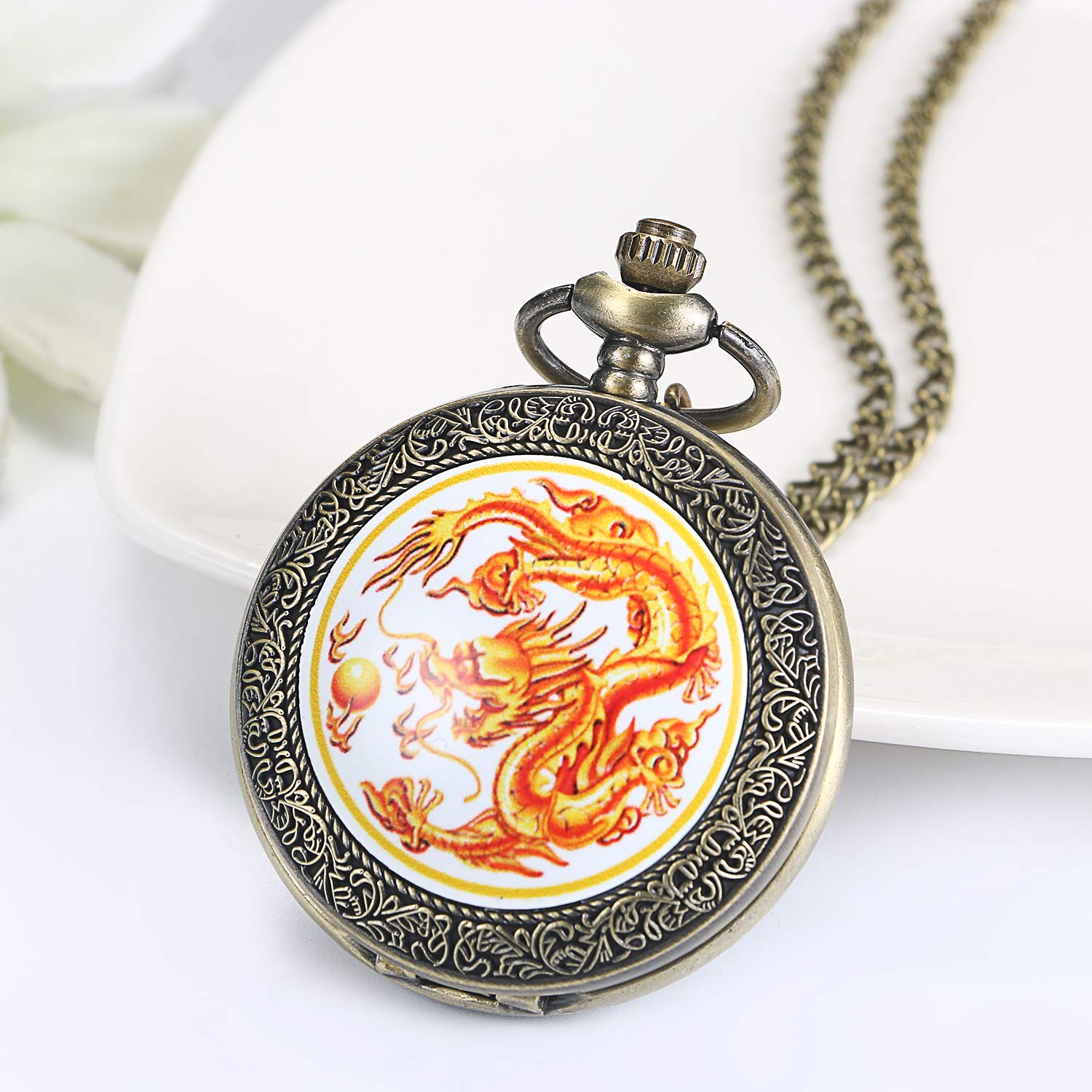 Часы JewelryWe Мужские Карманные Подарок на День Отца Ретро Королевский Флеш / Компас / Цветы / Колокол / Мотоцикл Цепные Аналоговые Кварцевые Часы Подвеска с Цепочкой Бронзовые, фото №4