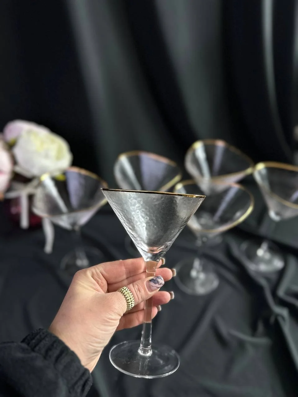 Бокали для коктейлів 6 шт з золотою оконтовкою. Крижане скло, фото №1