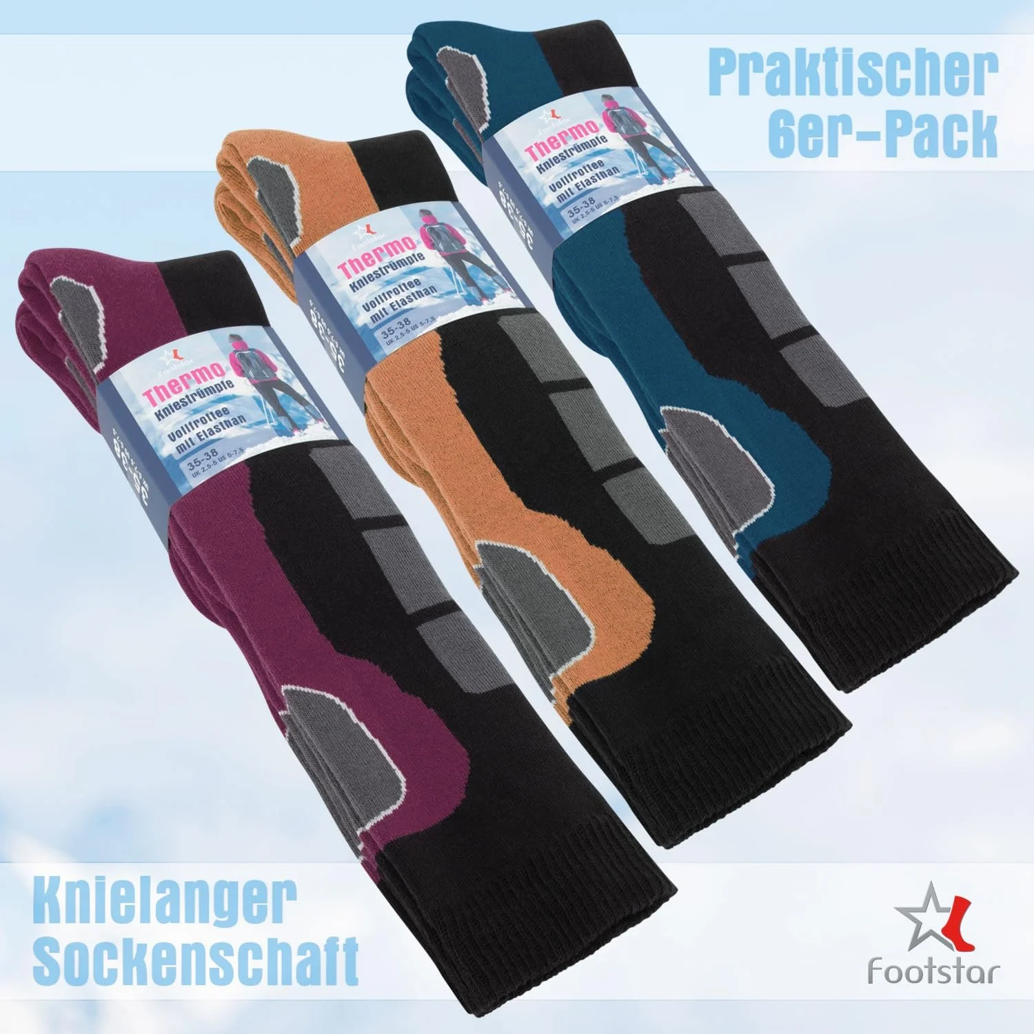 Жіночі зимові шкарпетки до коліна Footstar (6 пар) Шкарпетки з махрової тканини з термо ефектом, фото №3