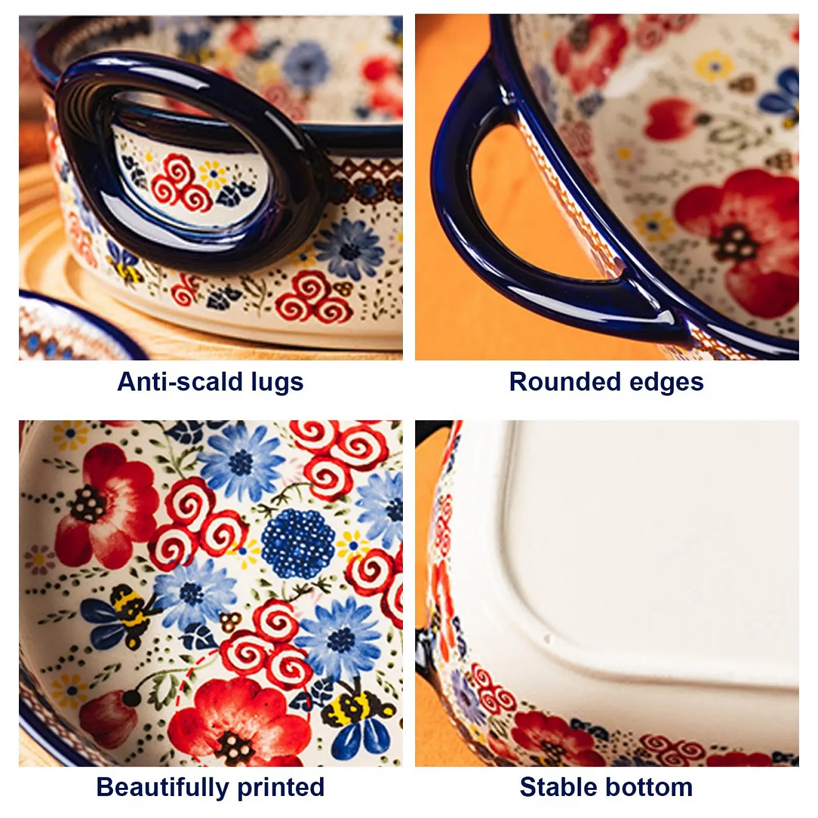 Форма для запікання 950 мл кругла керамічна термостійка з двома ручками та квітковим принтом, фото №7