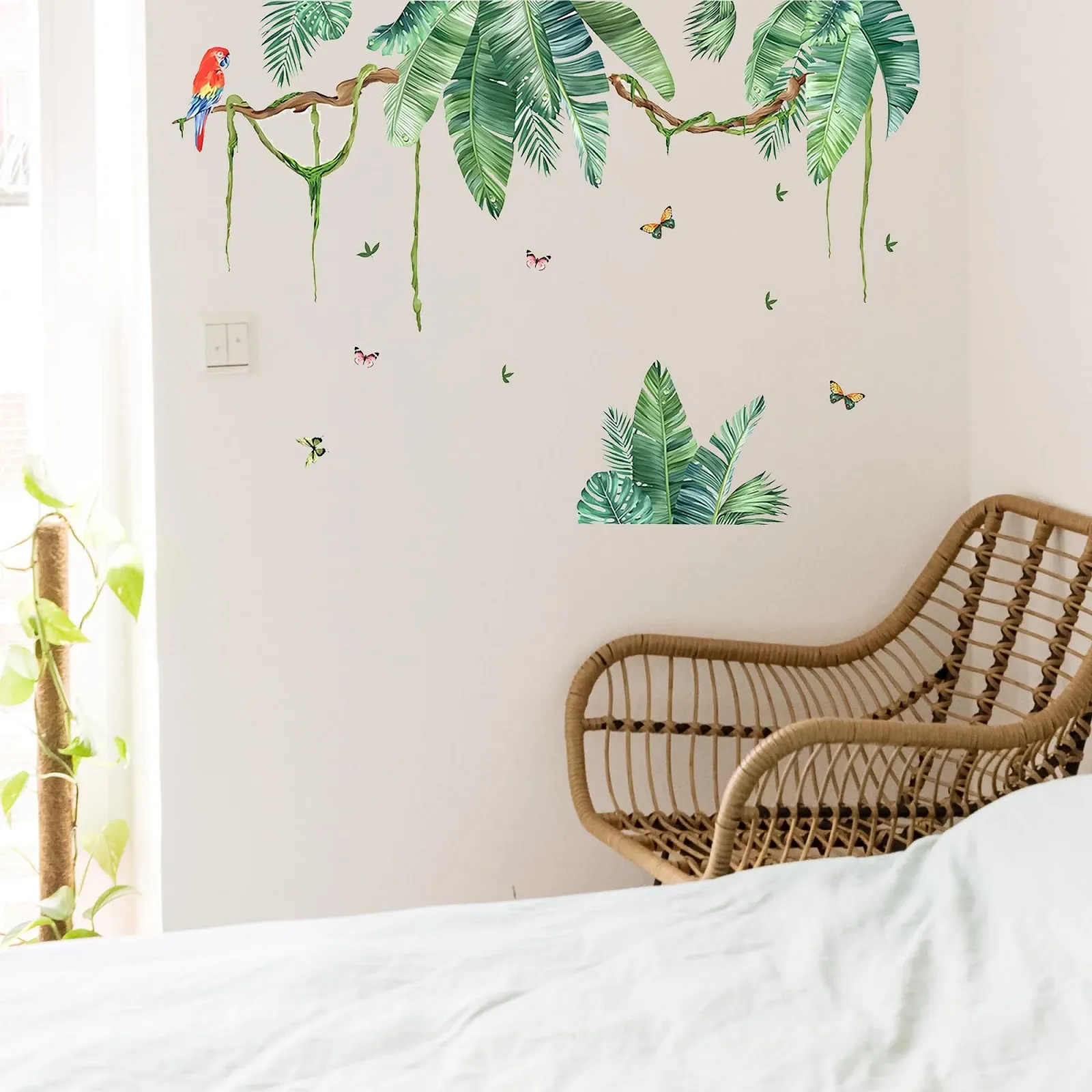 Наклейка на стену duoyif Tropical Leaves Plants Hanging Vine Green Palm Trees Leaves Birds Зеленая, фото №6