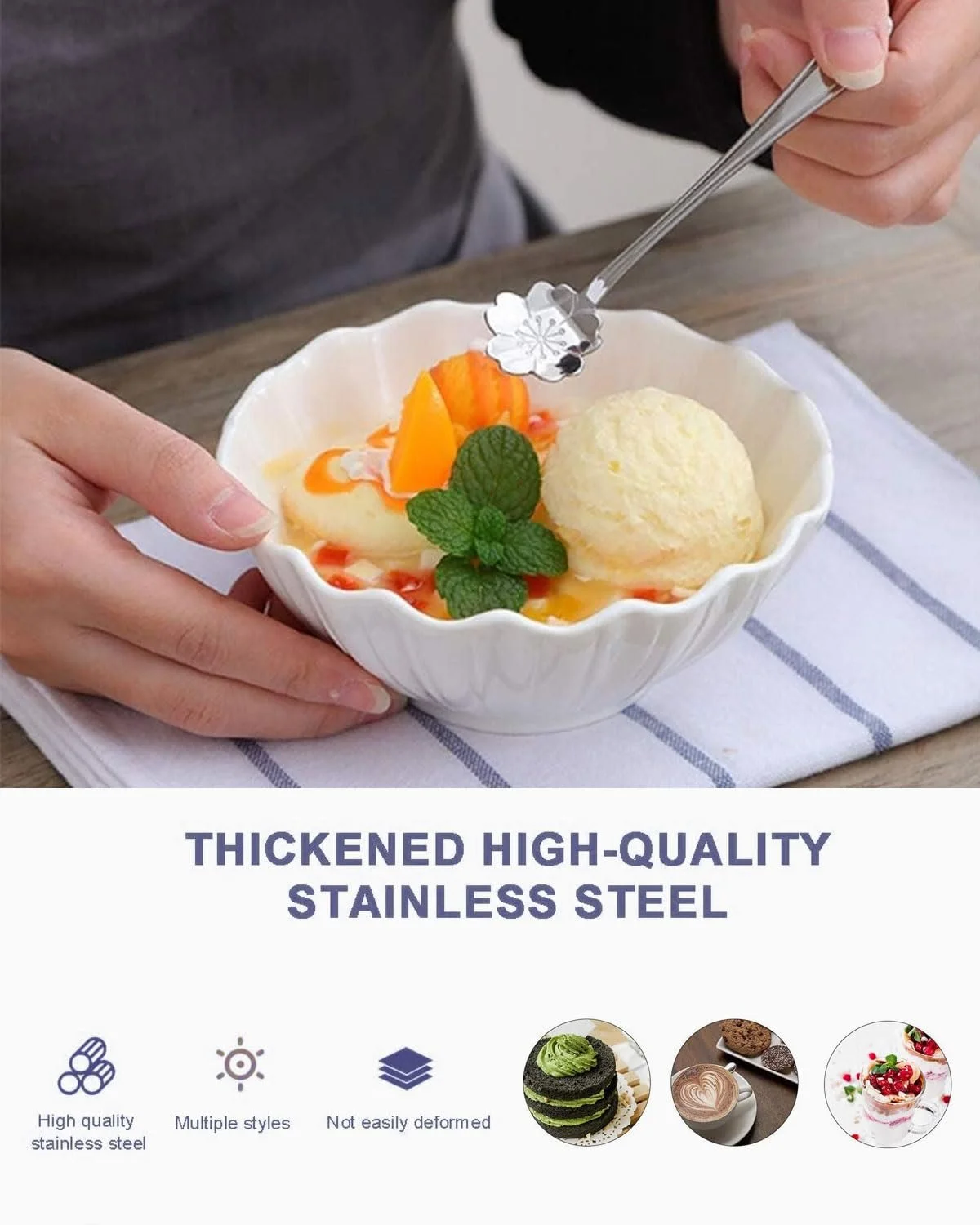 Кофейная и Мокко Ложка, Набор из 8 Ложек для Смешивания, Кофейная Ложка из Нержавеющей Стали, Креативная Посуда, Ложка для Сахара, Ложка для Мороженого (4 Серебряные, 4 Золотые), фото №4