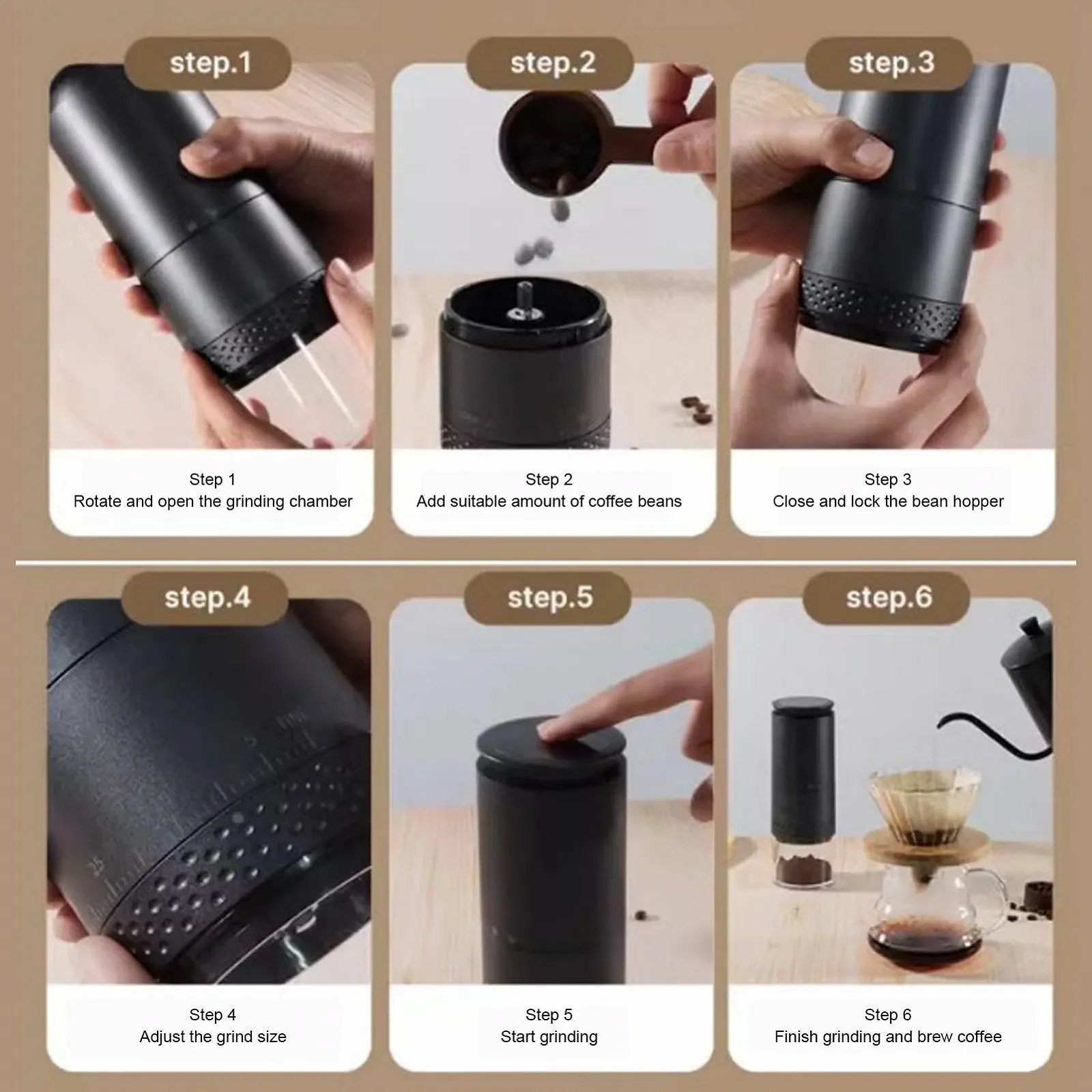 Електрична кавомолка, USB акумуляторна, 38 налаштувань помелу, компактна та легка, Чорний, фото №6