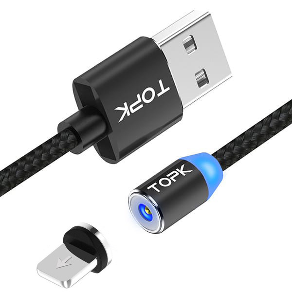 Магнитный кабель для зарядки Topk Led AM23 USB 2.4A Lightning Black 2 м Зарядный шнур телефона, фото №1