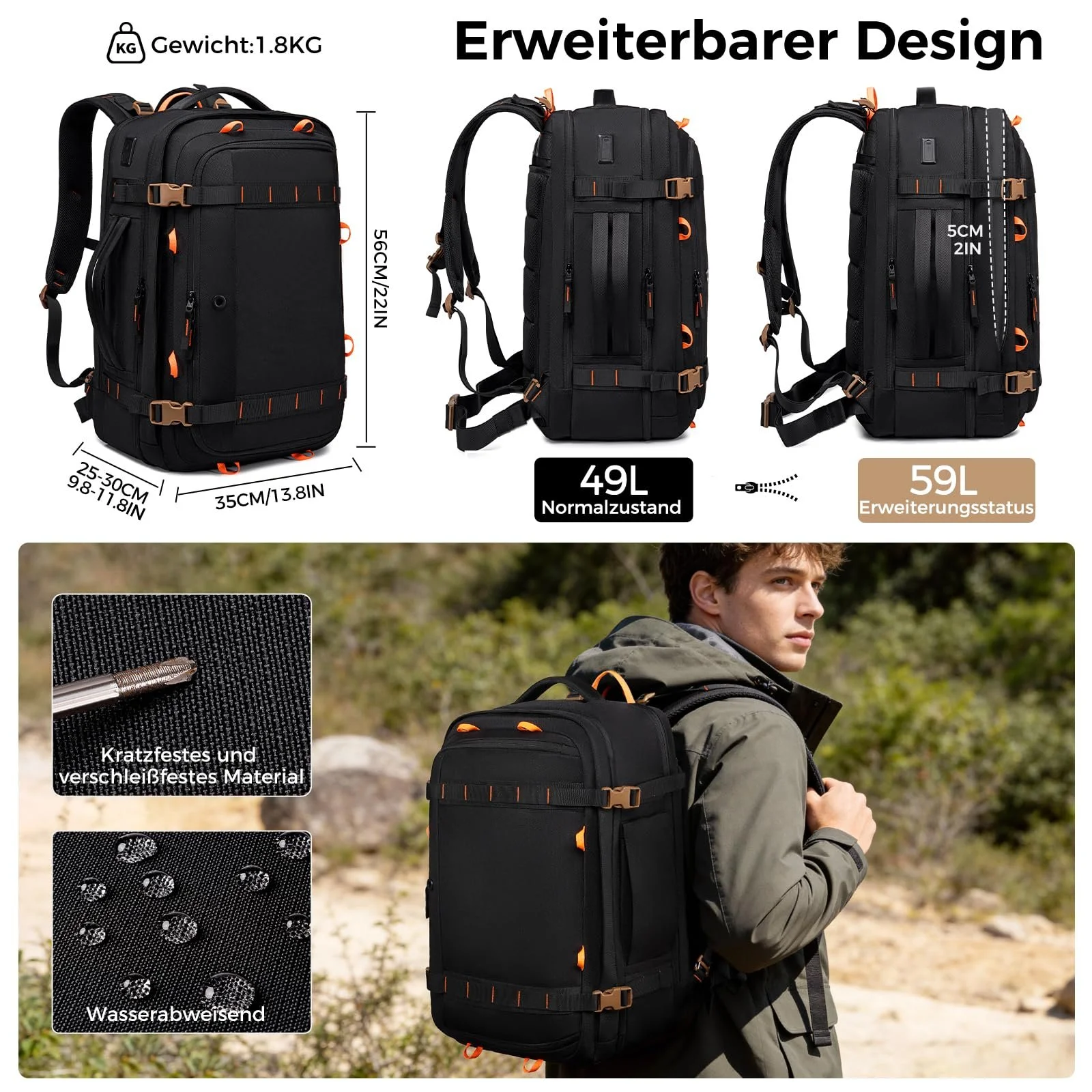 Дорожный рюкзак Fenree.geer 18.4 Inches Expandable 49L-59L Black, фото №3 Дорожный рюкзак Fenree.geer 18.4 Inches Expandable 49L-59L Black, фото №3